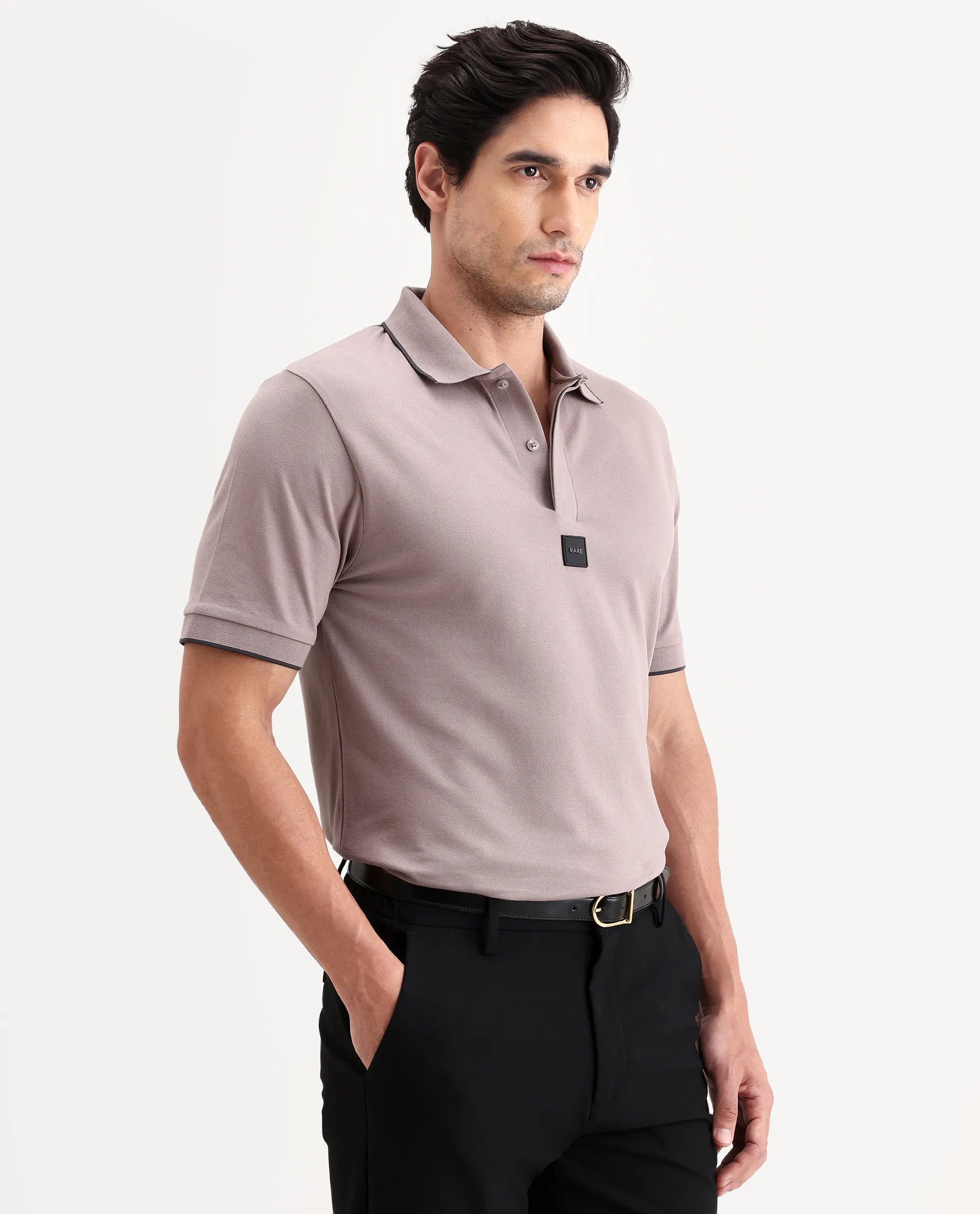 Rare Rabbit Men's Mak Dusky Pink Cotton Blend Fabric Half Sleeve Spread Collar Regular Fit Plain Polo