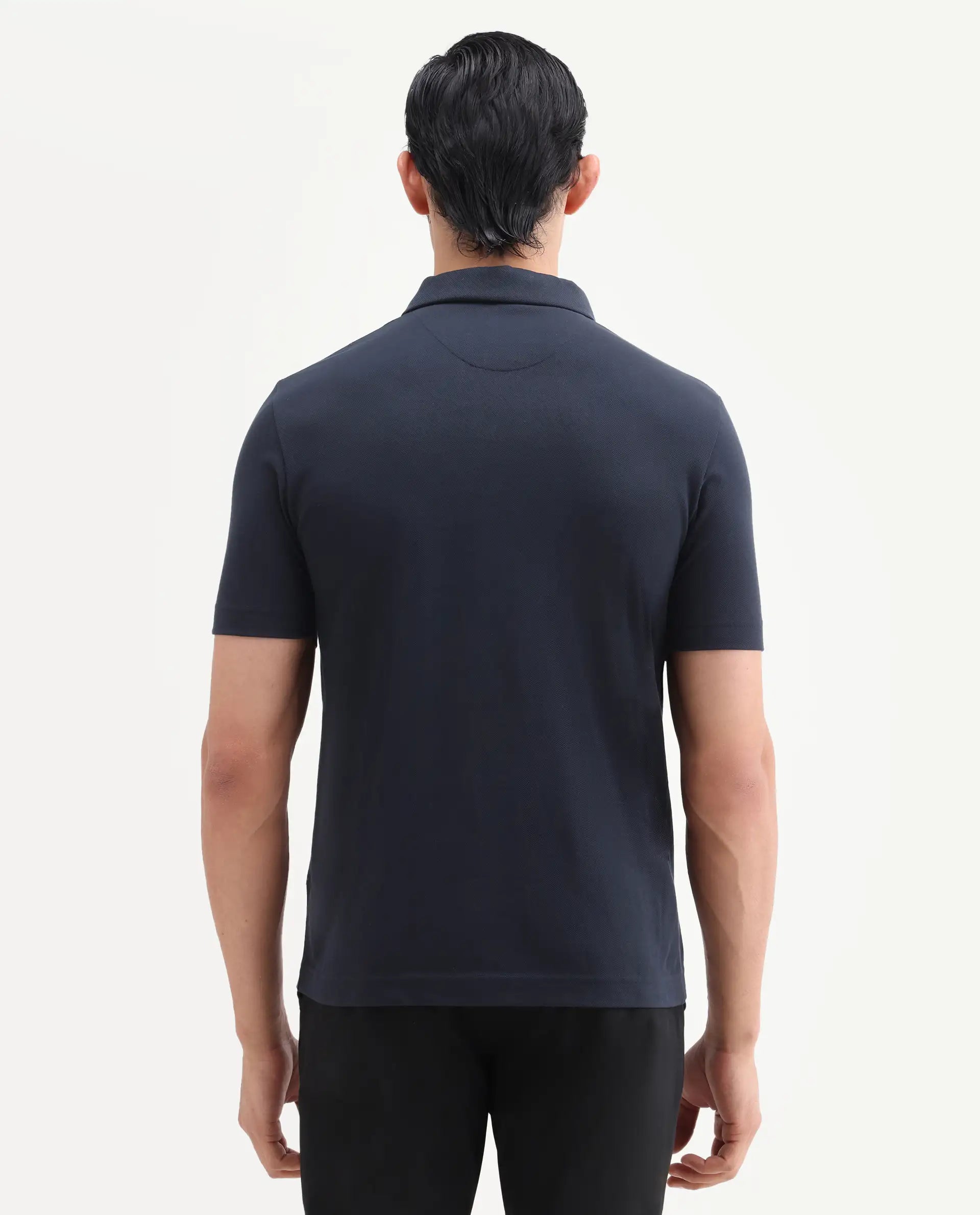 Rare Rabbit Men's Mers Dark Navy Cotton Fabric Half Sleeve Spread Collar Regular Fit Plain Polo