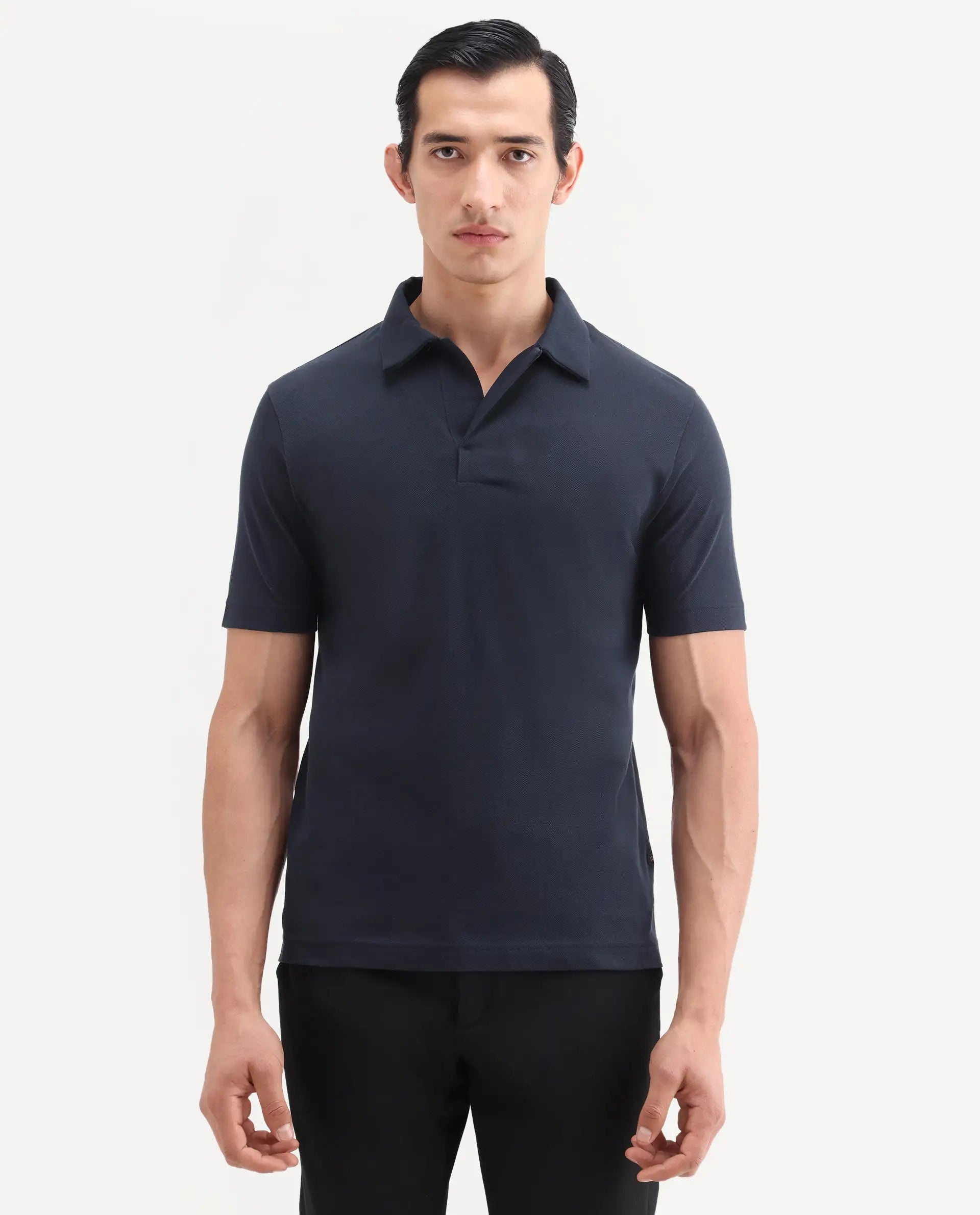 Rare Rabbit Men's Mers Dark Navy Cotton Fabric Half Sleeve Spread Collar Regular Fit Plain Polo