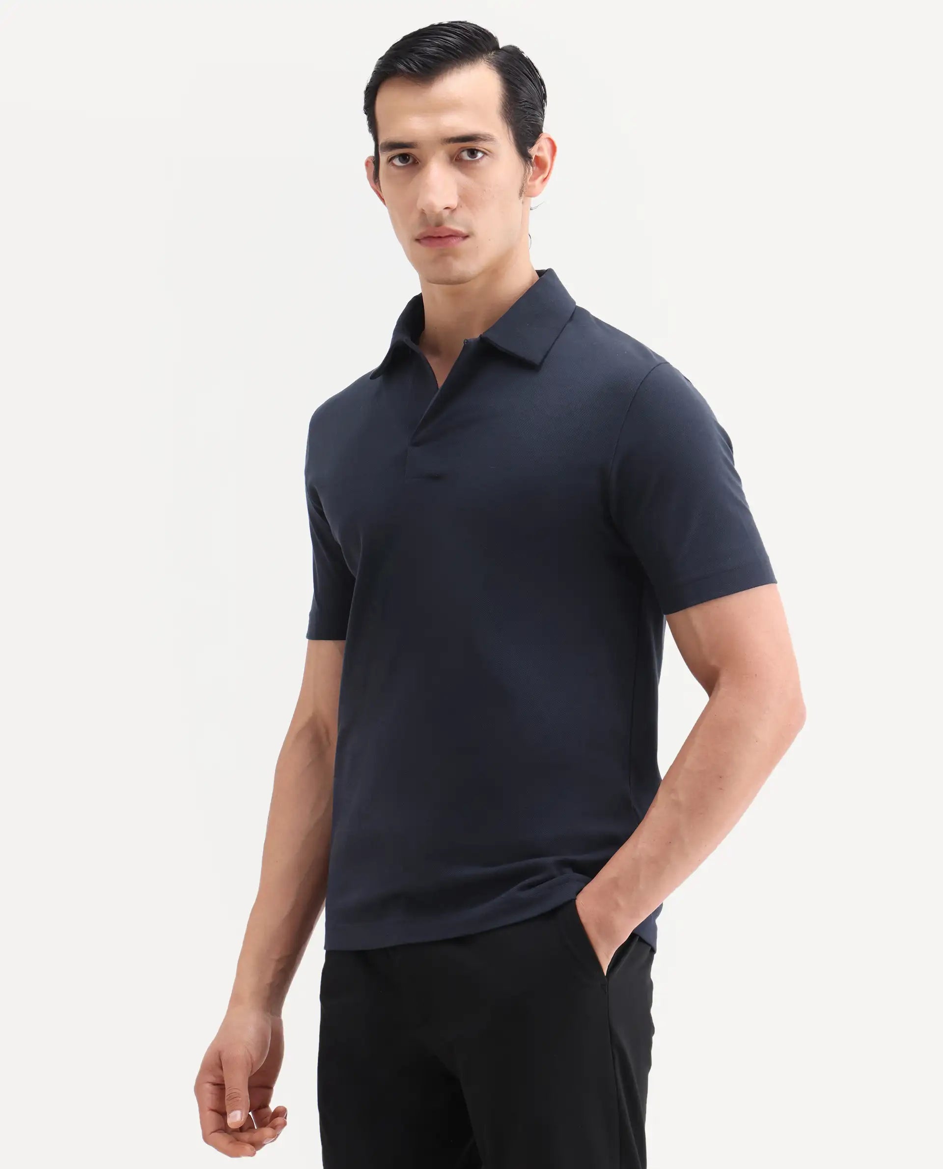 Rare Rabbit Men's Mers Dark Navy Cotton Fabric Half Sleeve Spread Collar Regular Fit Plain Polo
