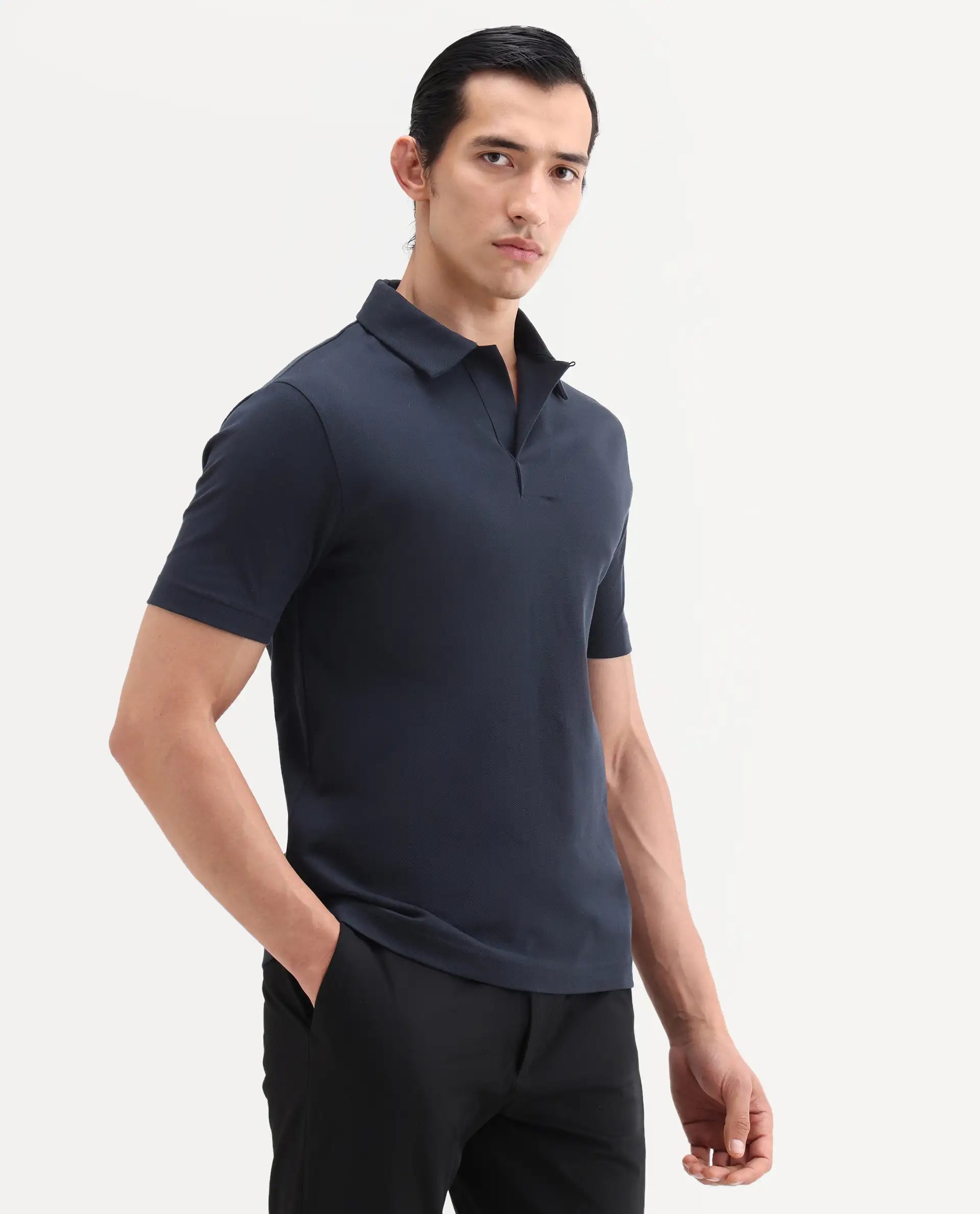 Rare Rabbit Men's Mers Dark Navy Cotton Fabric Half Sleeve Spread Collar Regular Fit Plain Polo