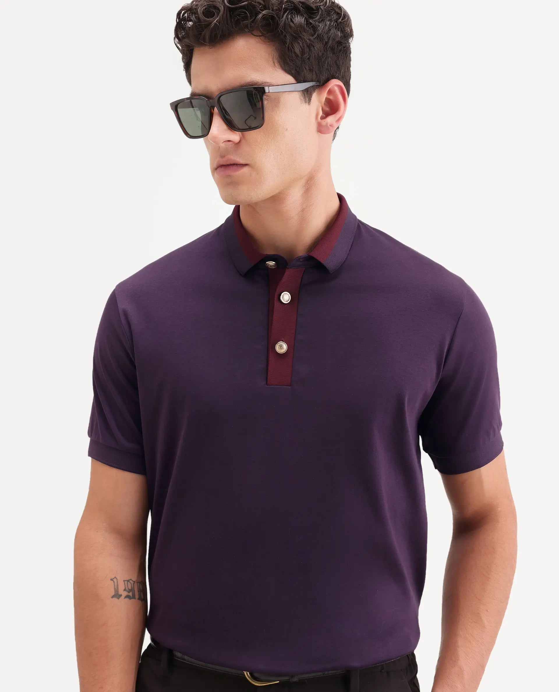 Rare Rabbit Men's Nish Dark Purple Cotton Fabric Half Sleeve Spread Collar Regular Fit Plain Polo