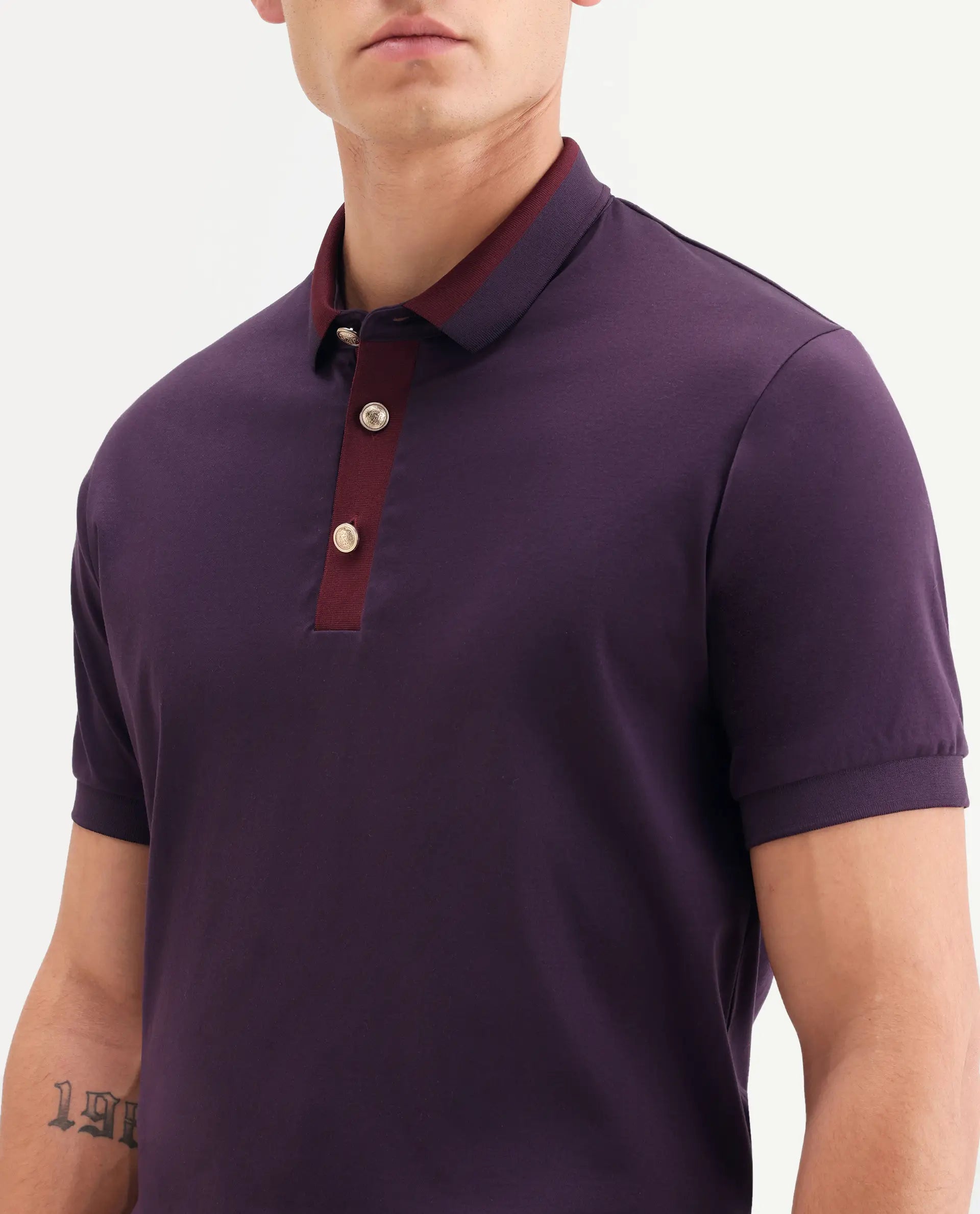 Rare Rabbit Men's Nish Dark Purple Cotton Fabric Half Sleeve Spread Collar Regular Fit Plain Polo