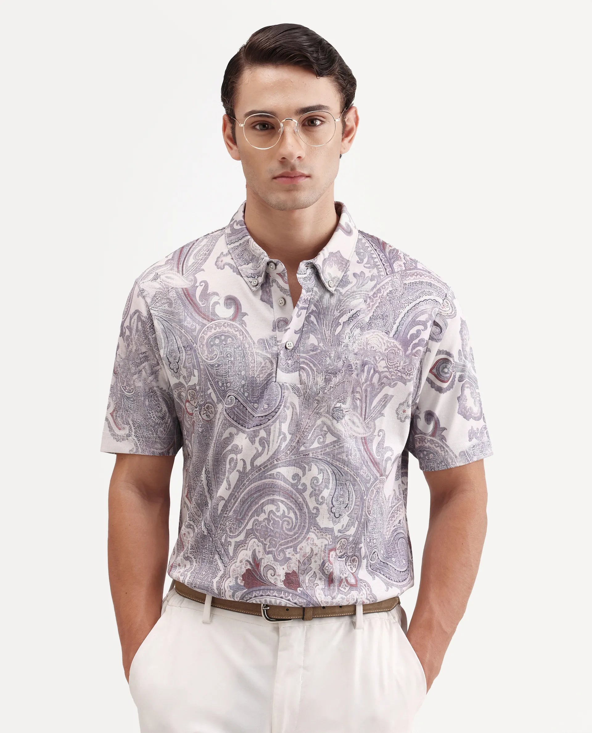 Rare Rabbit Men's Plais White Cotton Fabric Half Sleeve Spread Collar Regular Fit Paisley Polo