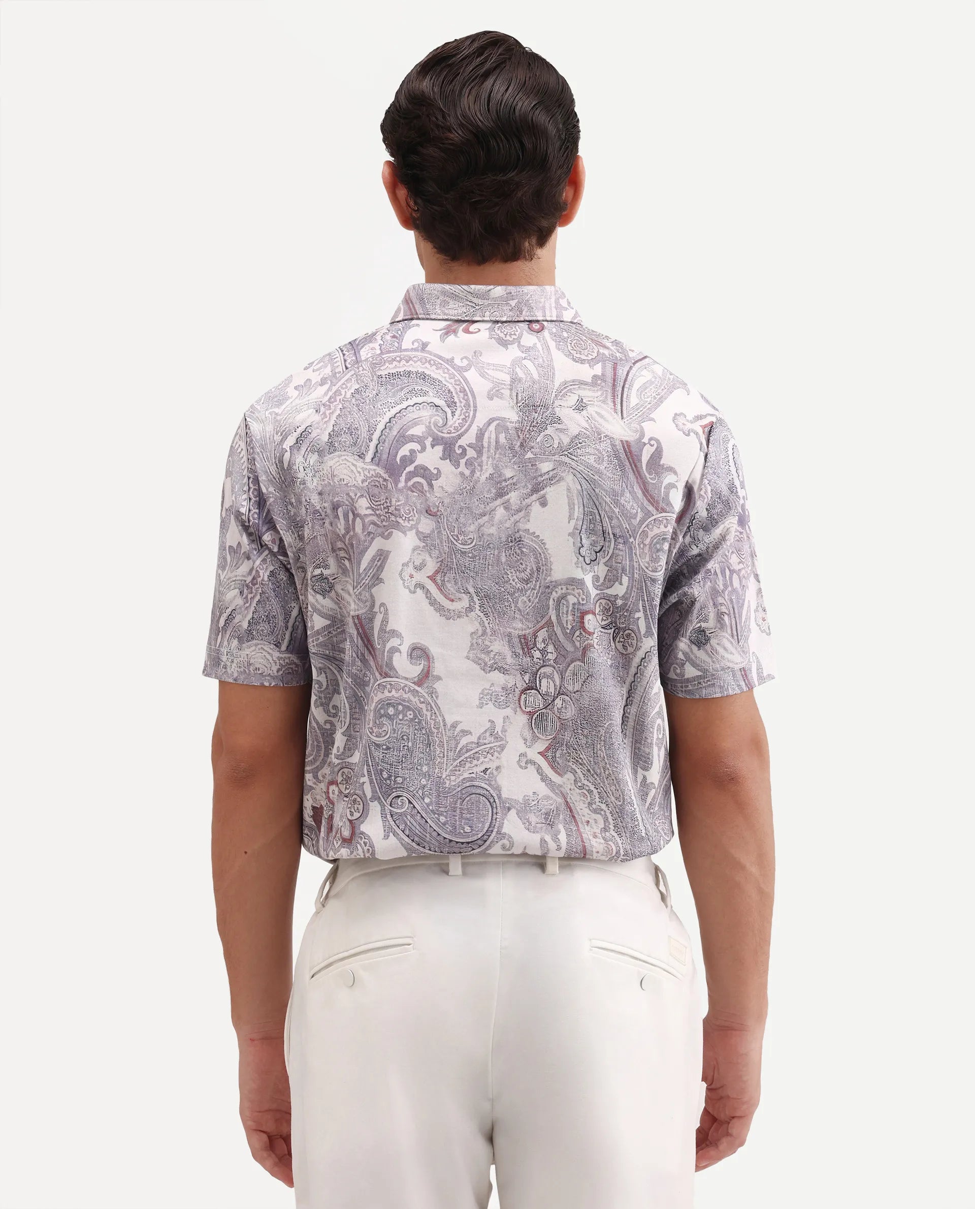 Rare Rabbit Men's Plais White Cotton Fabric Half Sleeve Spread Collar Regular Fit Paisley Polo