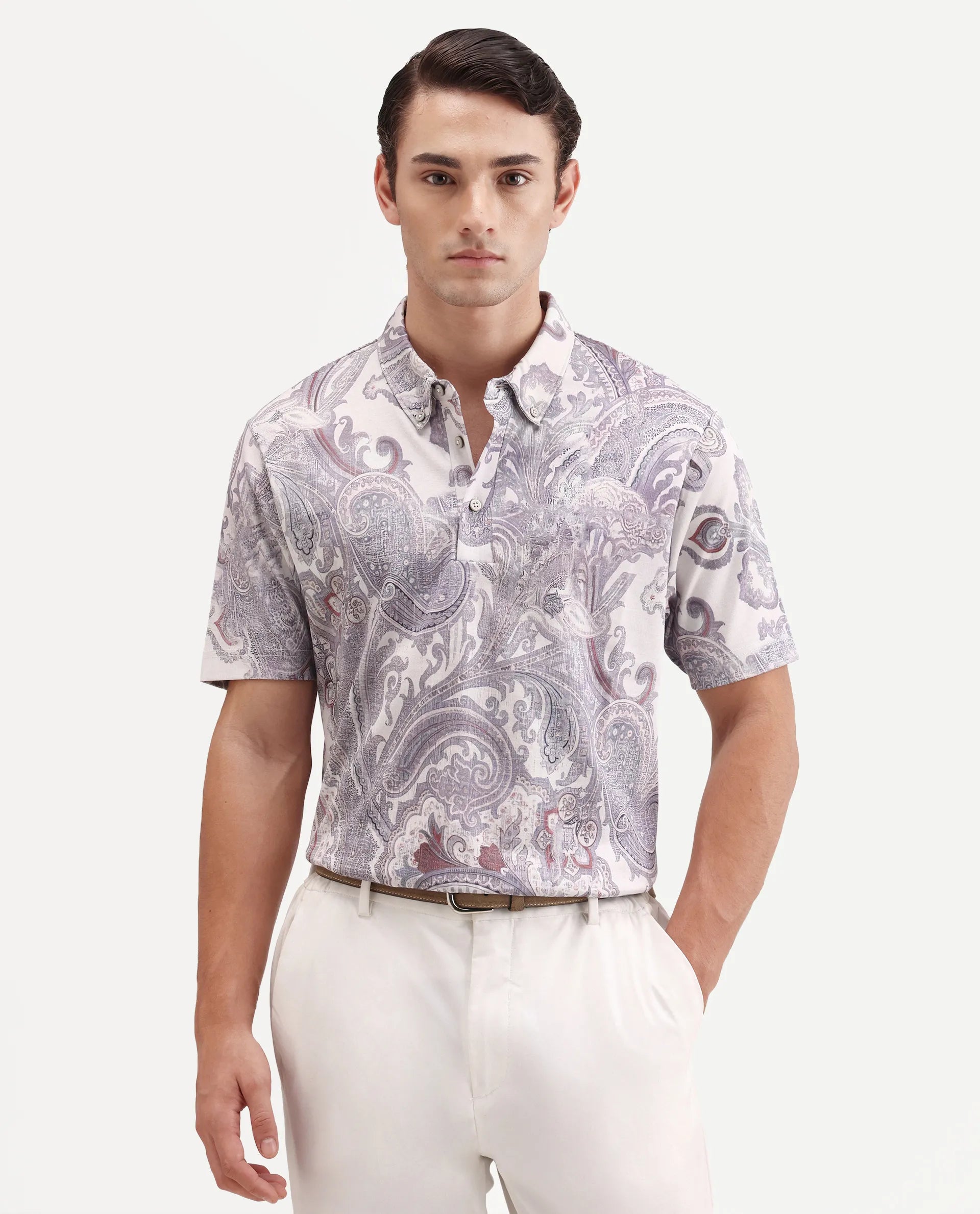 Rare Rabbit Men's Plais White Cotton Fabric Half Sleeve Spread Collar Regular Fit Paisley Polo