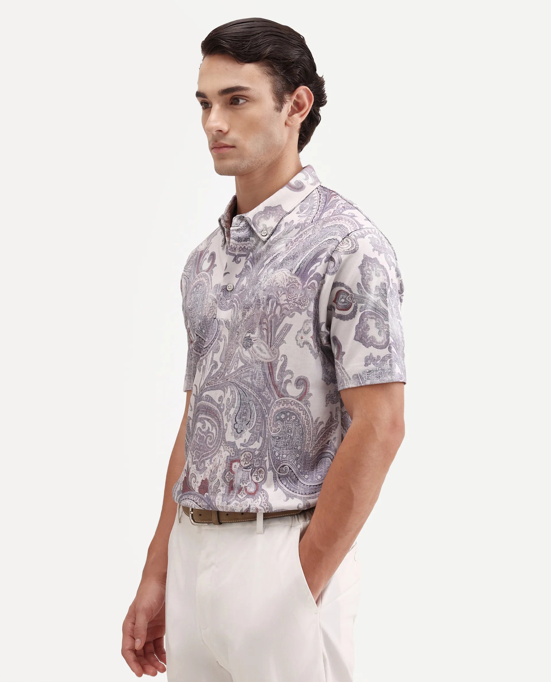 Rare Rabbit Men's Plais White Cotton Fabric Half Sleeve Spread Collar Regular Fit Paisley Polo