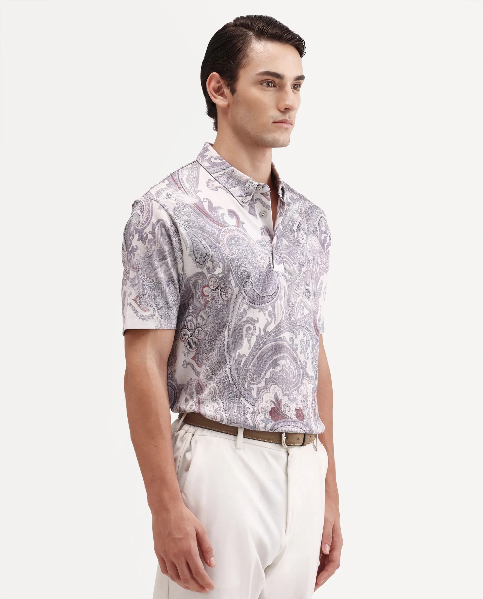 Rare Rabbit Men's Plais White Cotton Fabric Half Sleeve Spread Collar Regular Fit Paisley Polo