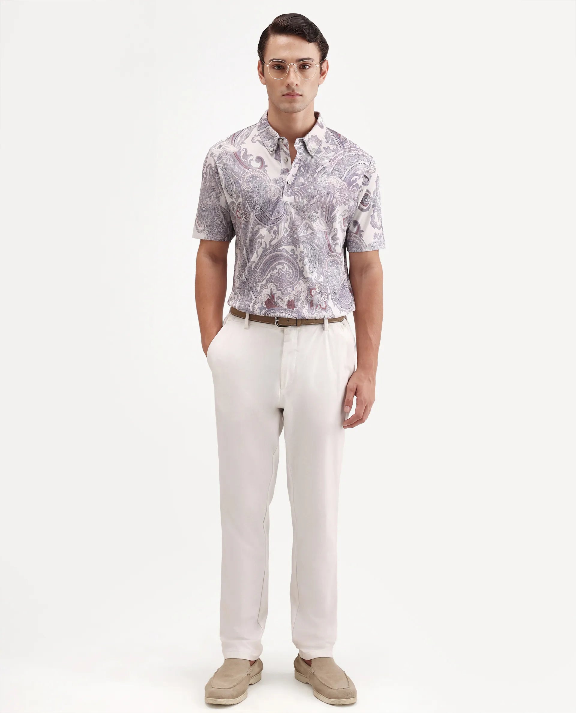 Rare Rabbit Men's Plais White Cotton Fabric Half Sleeve Spread Collar Regular Fit Paisley Polo