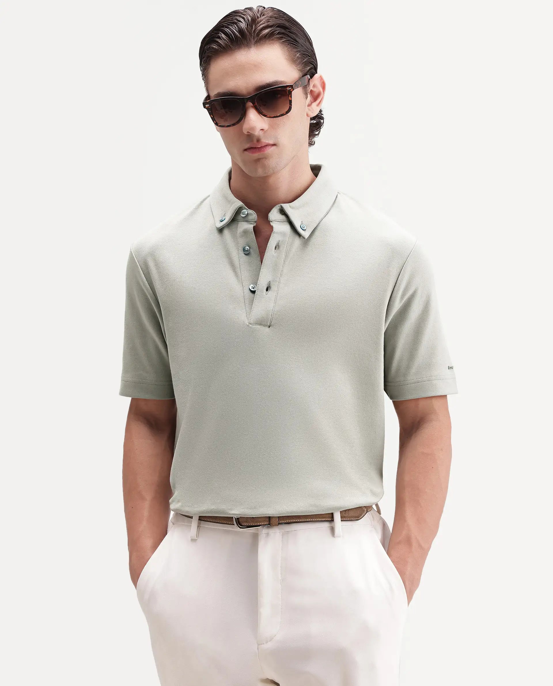 Rare Rabbit Men's Promp Dusky Green Cotton Blend Fabric Half Sleeve Spread Collar Regular Fit Plain Polo