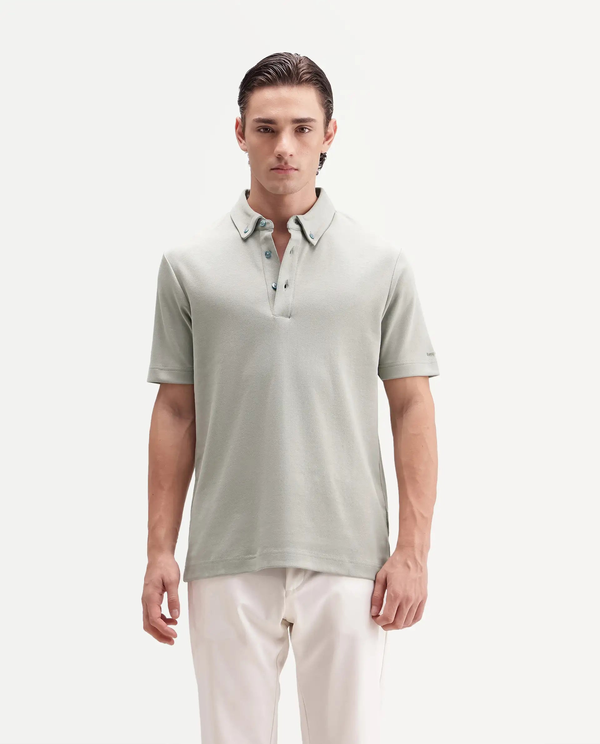 Rare Rabbit Men's Promp Dusky Green Cotton Blend Fabric Half Sleeve Spread Collar Regular Fit Plain Polo