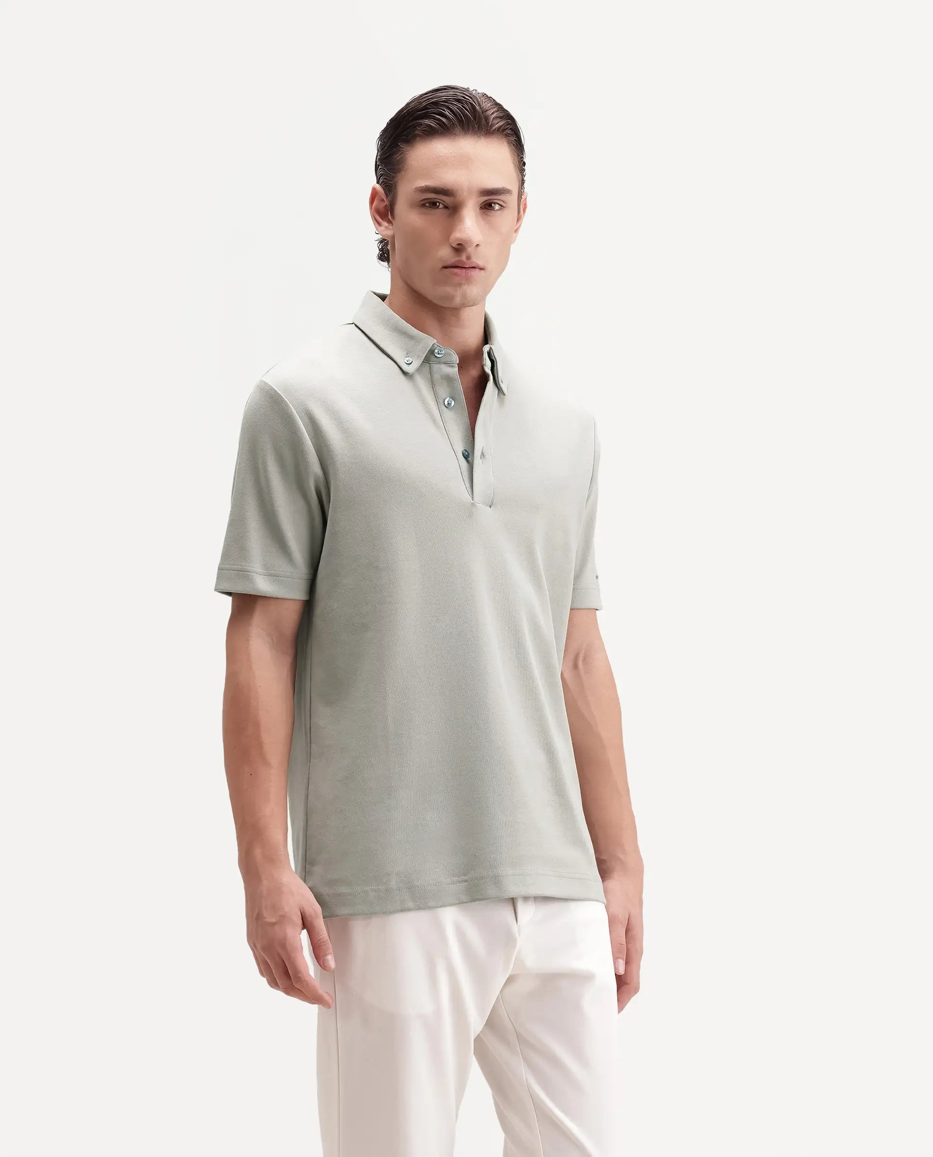 Rare Rabbit Men's Promp Dusky Green Cotton Blend Fabric Half Sleeve Spread Collar Regular Fit Plain Polo