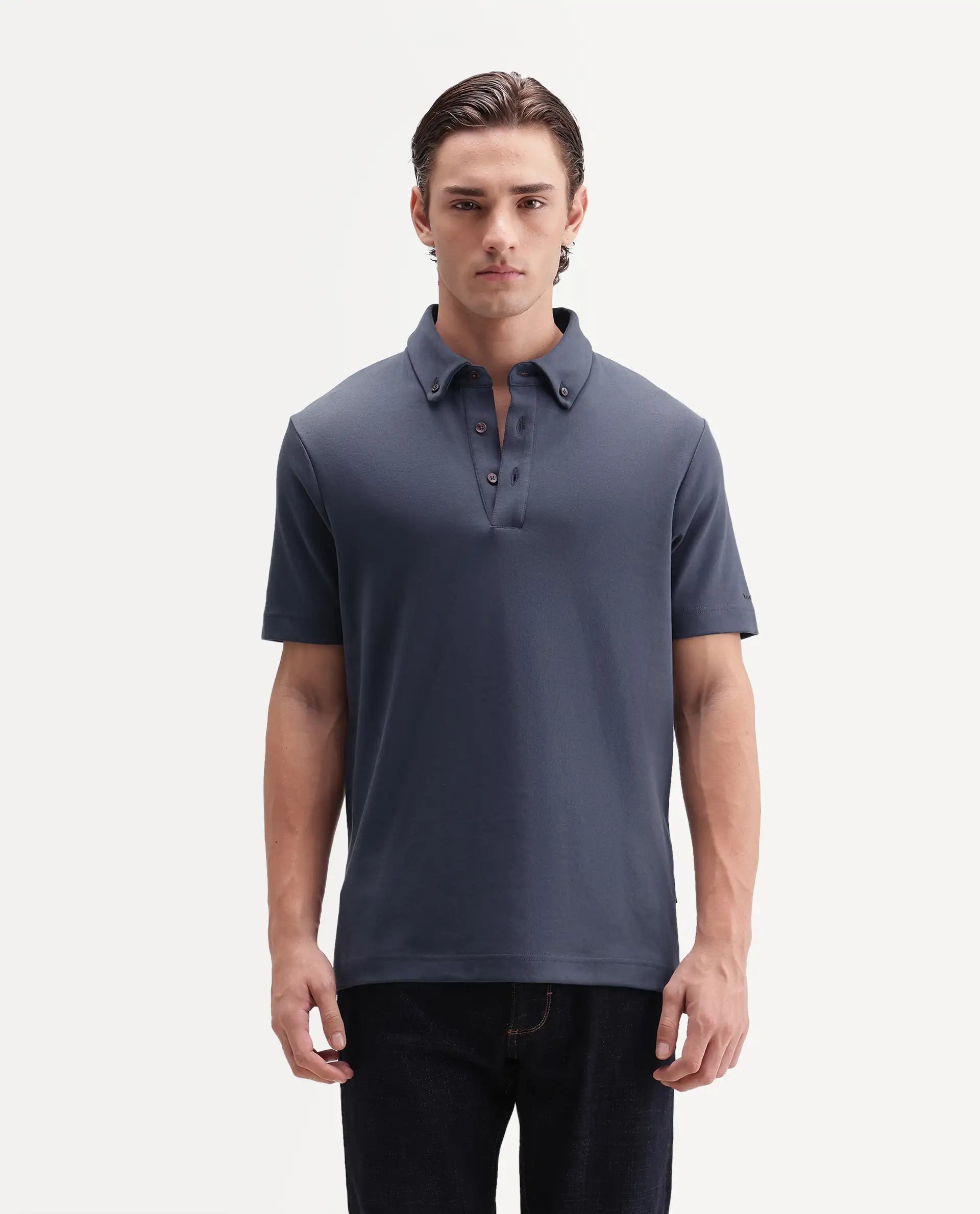 Rare Rabbit Men's Promp Dusky Blue Cotton Blend Fabric Half Sleeve Spread Collar Regular Fit Plain Polo
