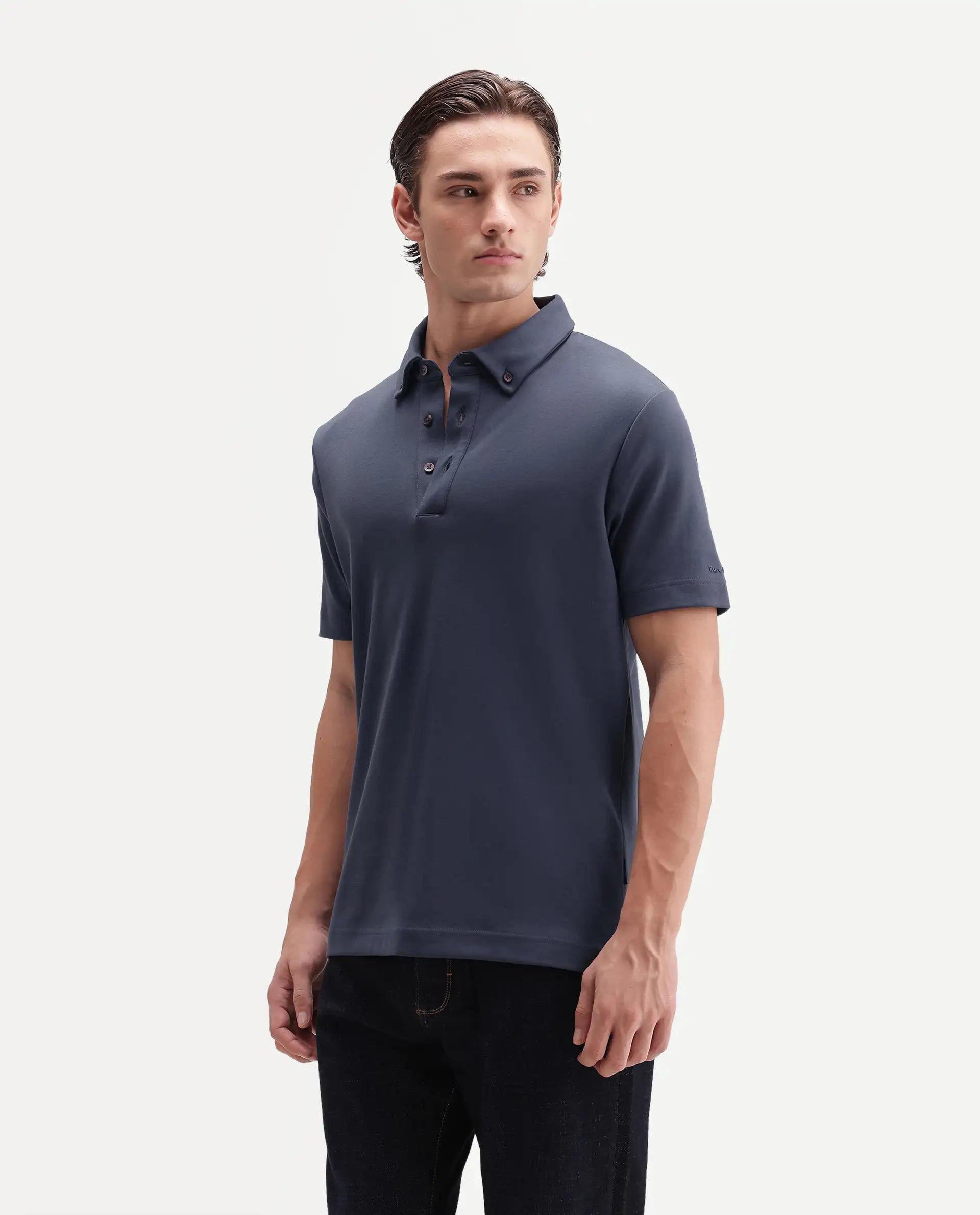 Rare Rabbit Men's Promp Dusky Blue Cotton Blend Fabric Half Sleeve Spread Collar Regular Fit Plain Polo