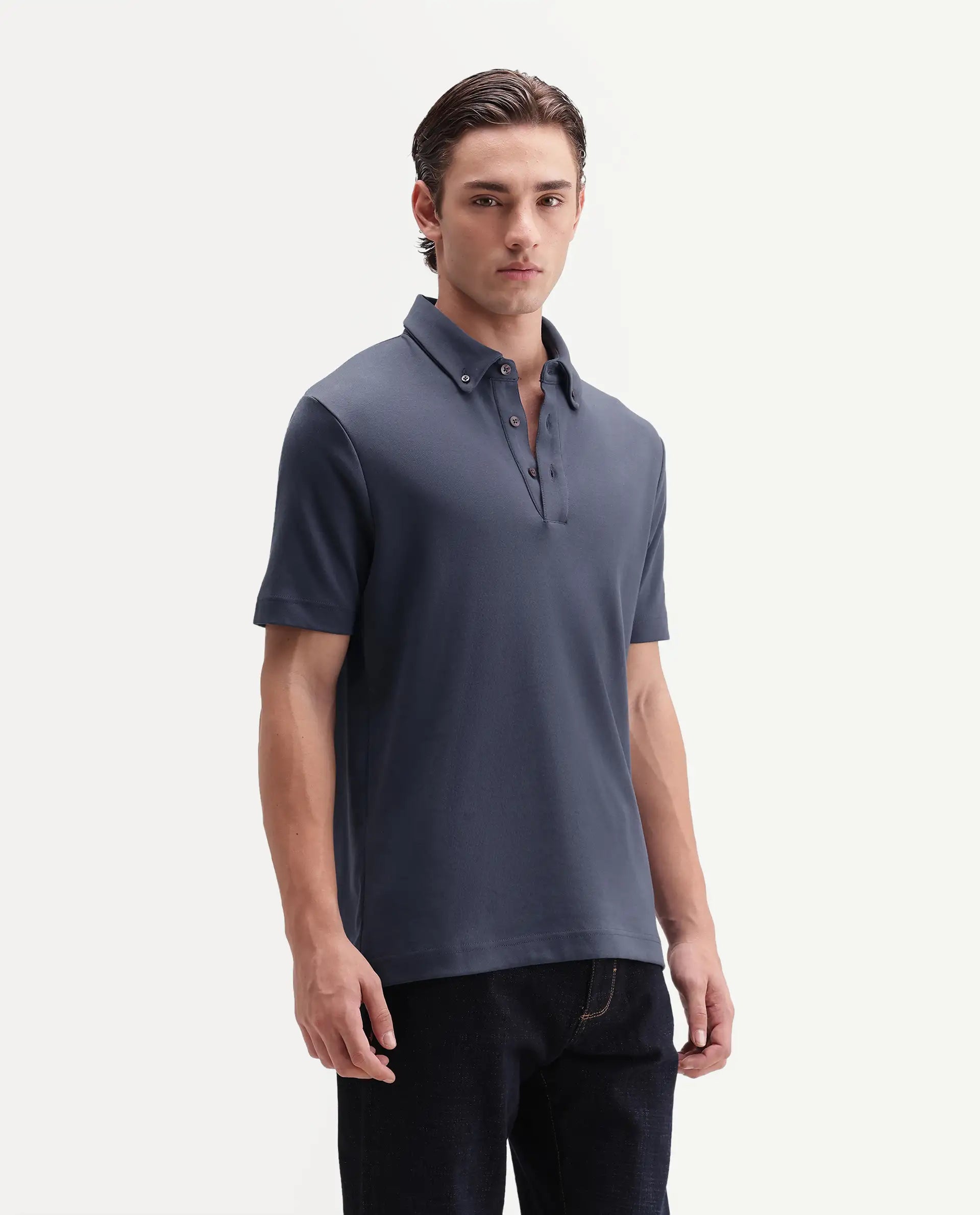 Rare Rabbit Men's Promp Dusky Blue Cotton Blend Fabric Half Sleeve Spread Collar Regular Fit Plain Polo