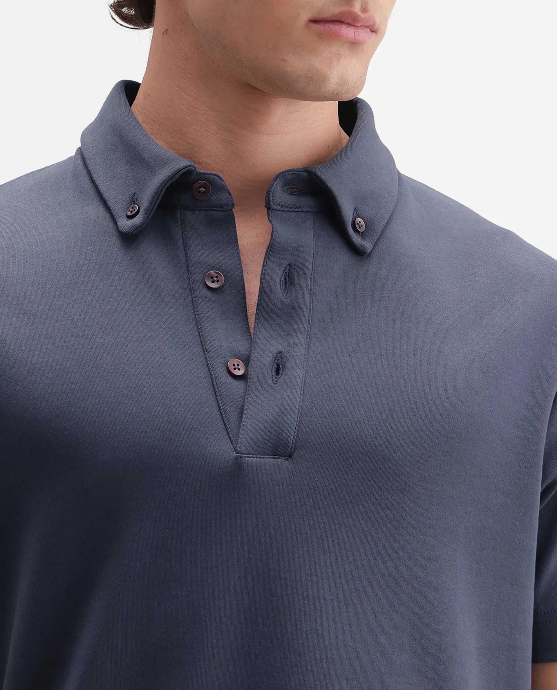 Rare Rabbit Men's Promp Dusky Blue Cotton Blend Fabric Half Sleeve Spread Collar Regular Fit Plain Polo