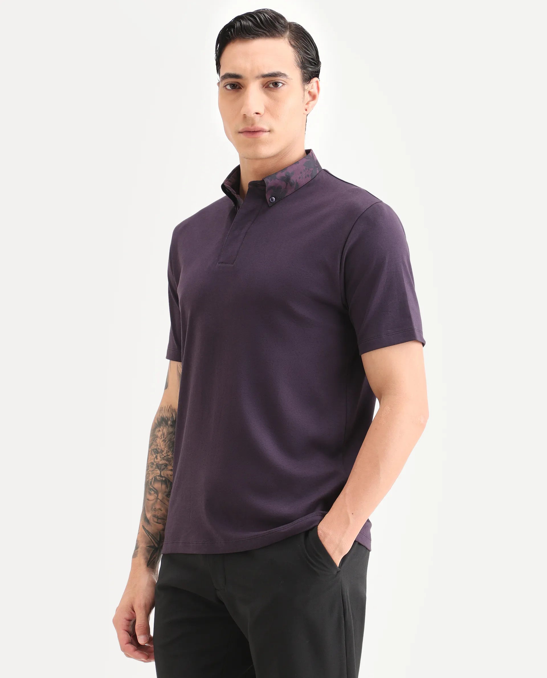 Rare Rabbit Men's Ringer-S26 Dark Purple Cotton Fabric Half Sleeve Spread Collar Regular Fit Plain Polo