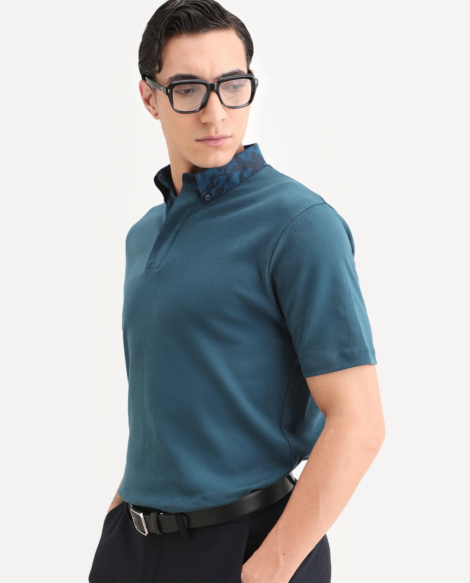 Rare Rabbit Men's Ringer-S26 Teal Cotton Fabric Half Sleeve Spread Collar Regular Fit Plain Polo