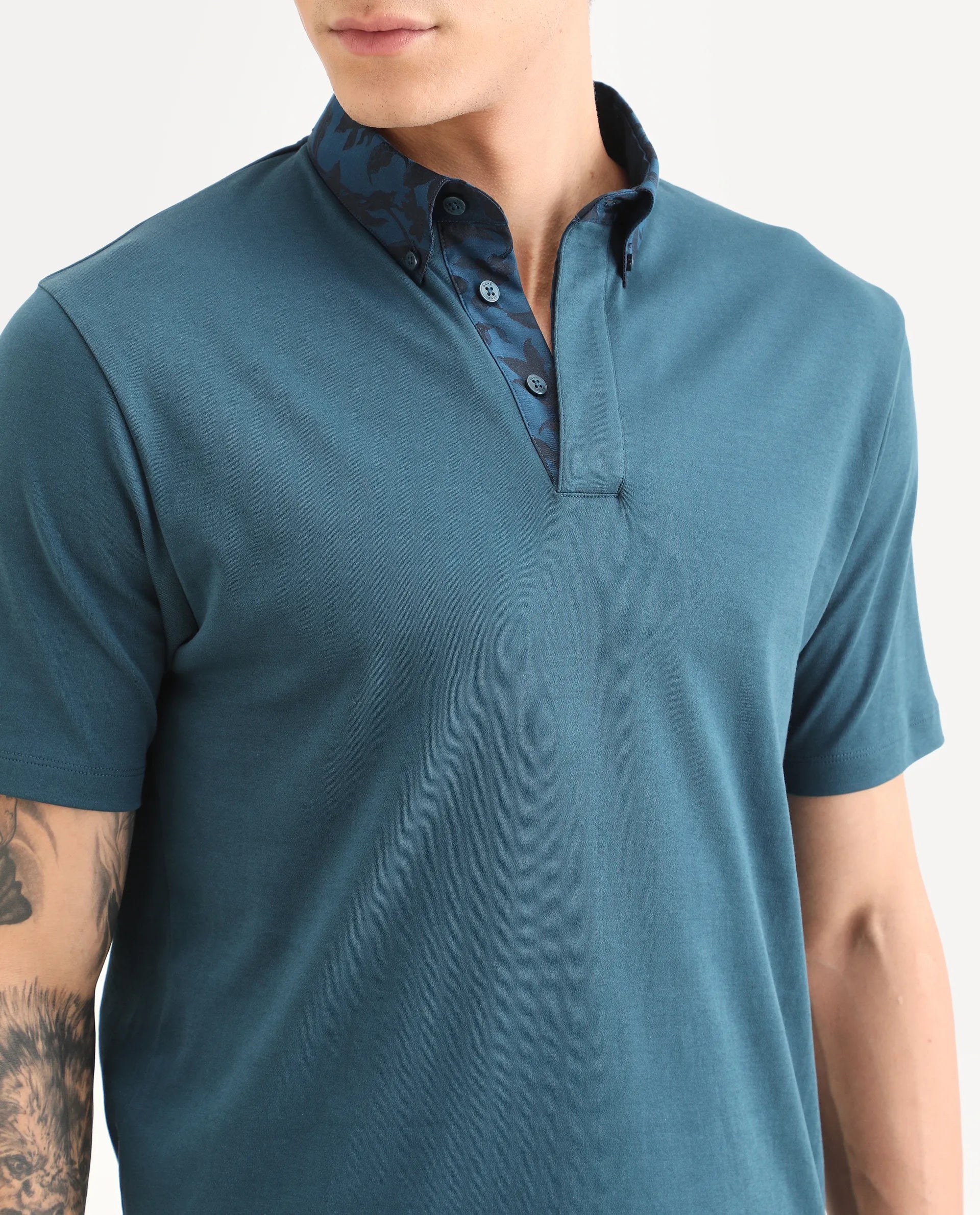 Rare Rabbit Men's Ringer-S26 Teal Cotton Fabric Half Sleeve Spread Collar Regular Fit Plain Polo