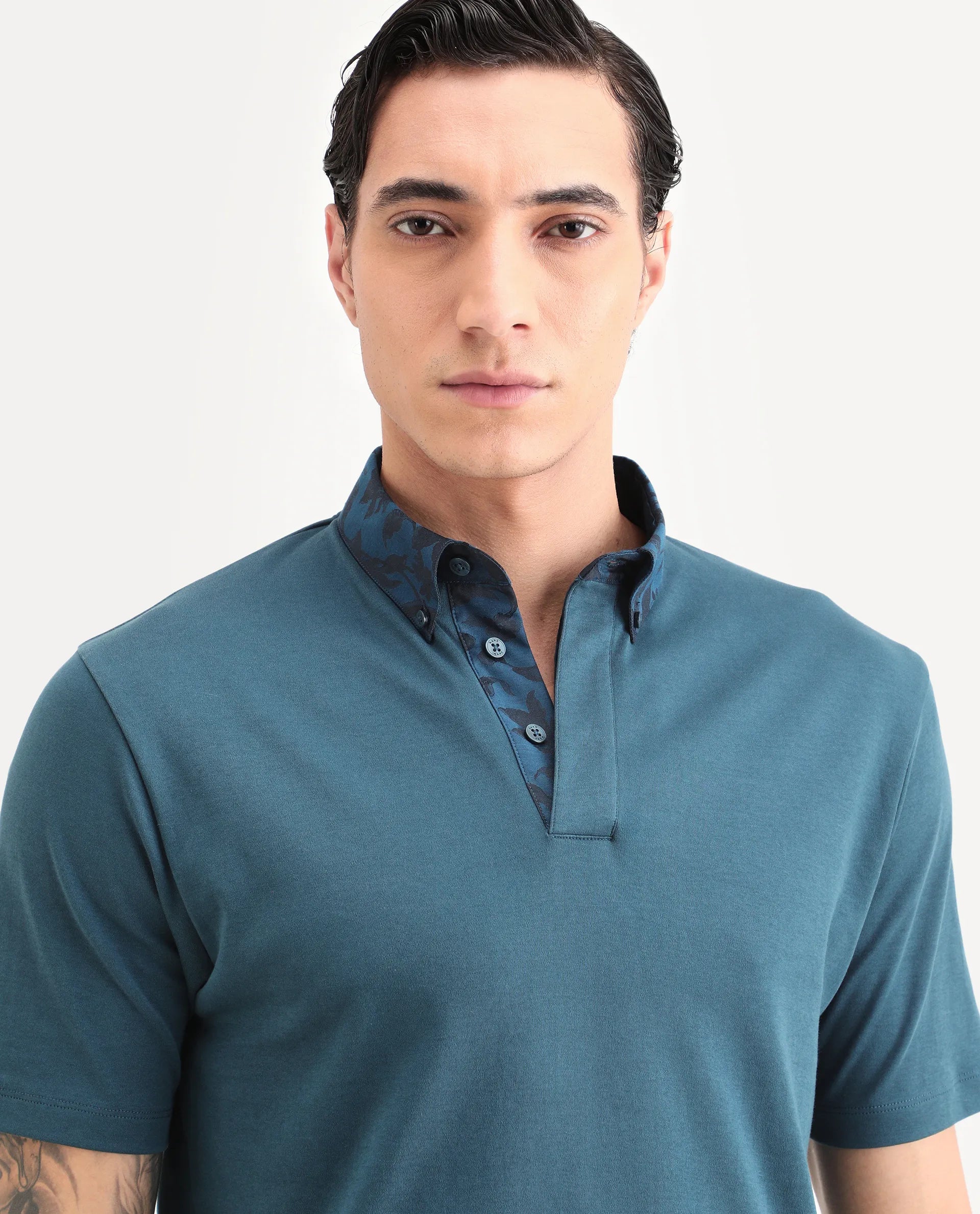 Rare Rabbit Men's Ringer-S26 Teal Cotton Fabric Half Sleeve Spread Collar Regular Fit Plain Polo