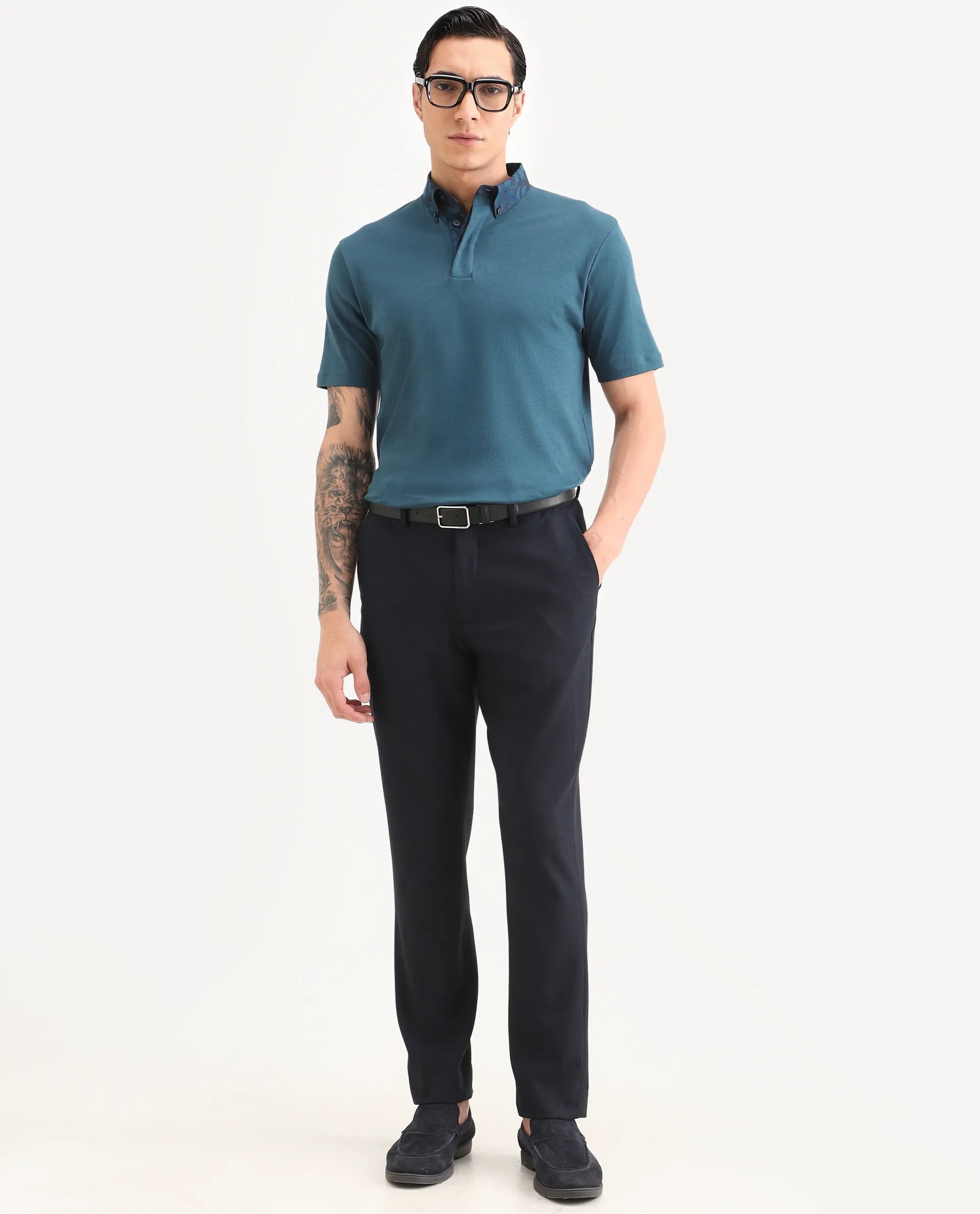 Rare Rabbit Men's Ringer-S26 Teal Cotton Fabric Half Sleeve Spread Collar Regular Fit Plain Polo