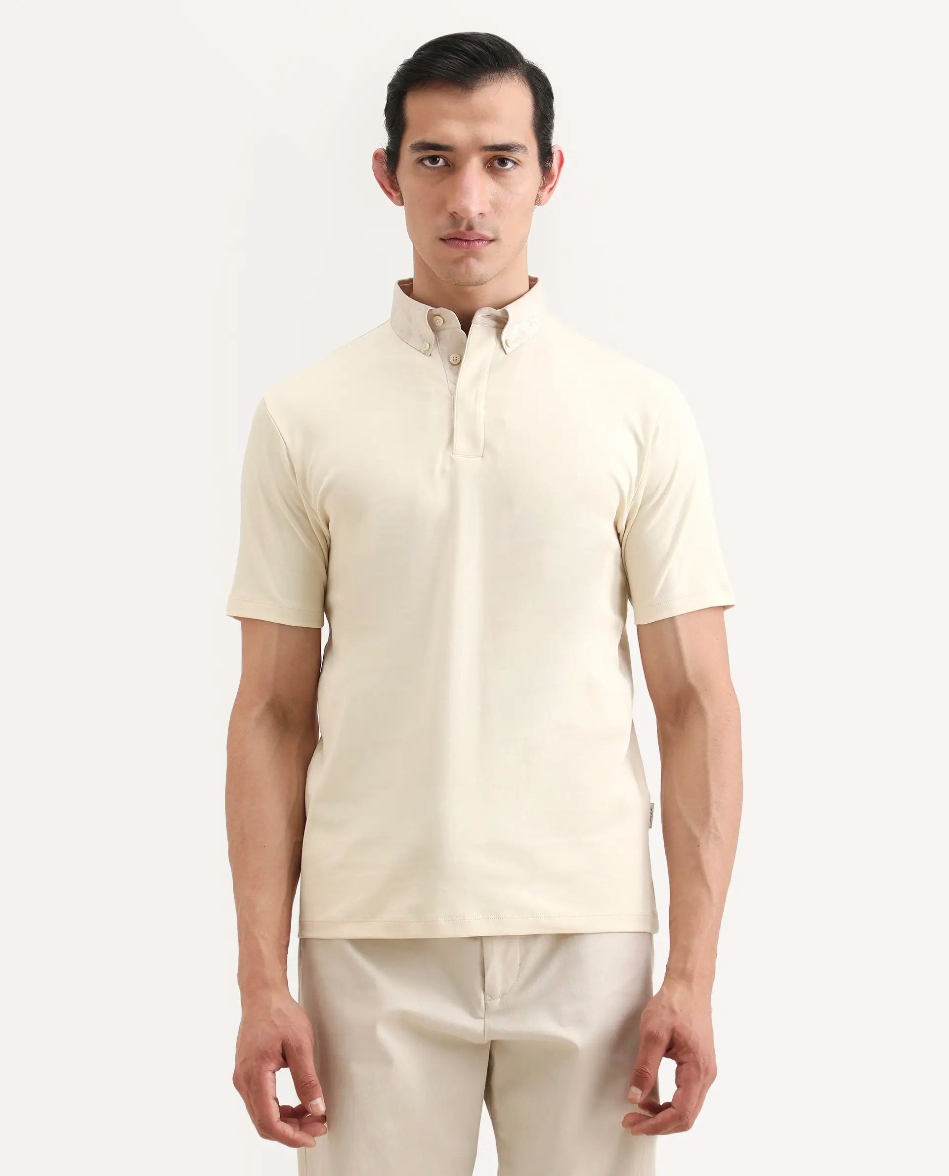 Rare Rabbit Men's Ringer-S26 Light Beige Cotton Fabric Half Sleeve Spread Collar Regular Fit Plain Polo