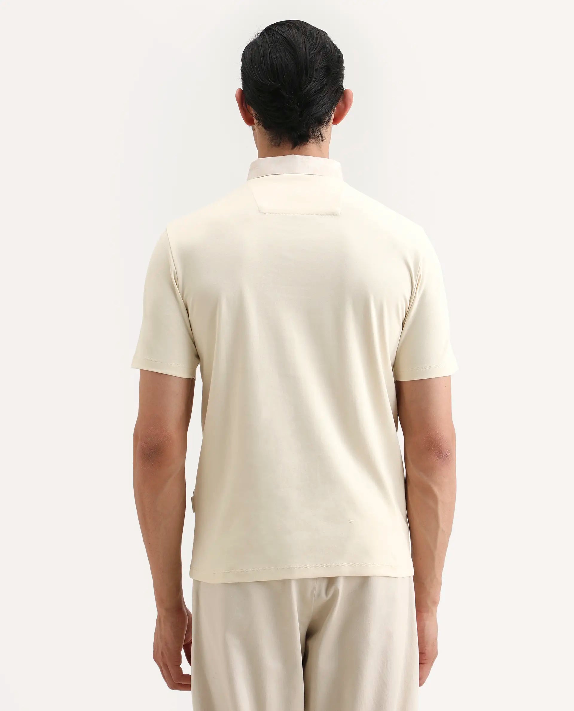 Rare Rabbit Men's Ringer-S26 Light Beige Cotton Fabric Half Sleeve Spread Collar Regular Fit Plain Polo