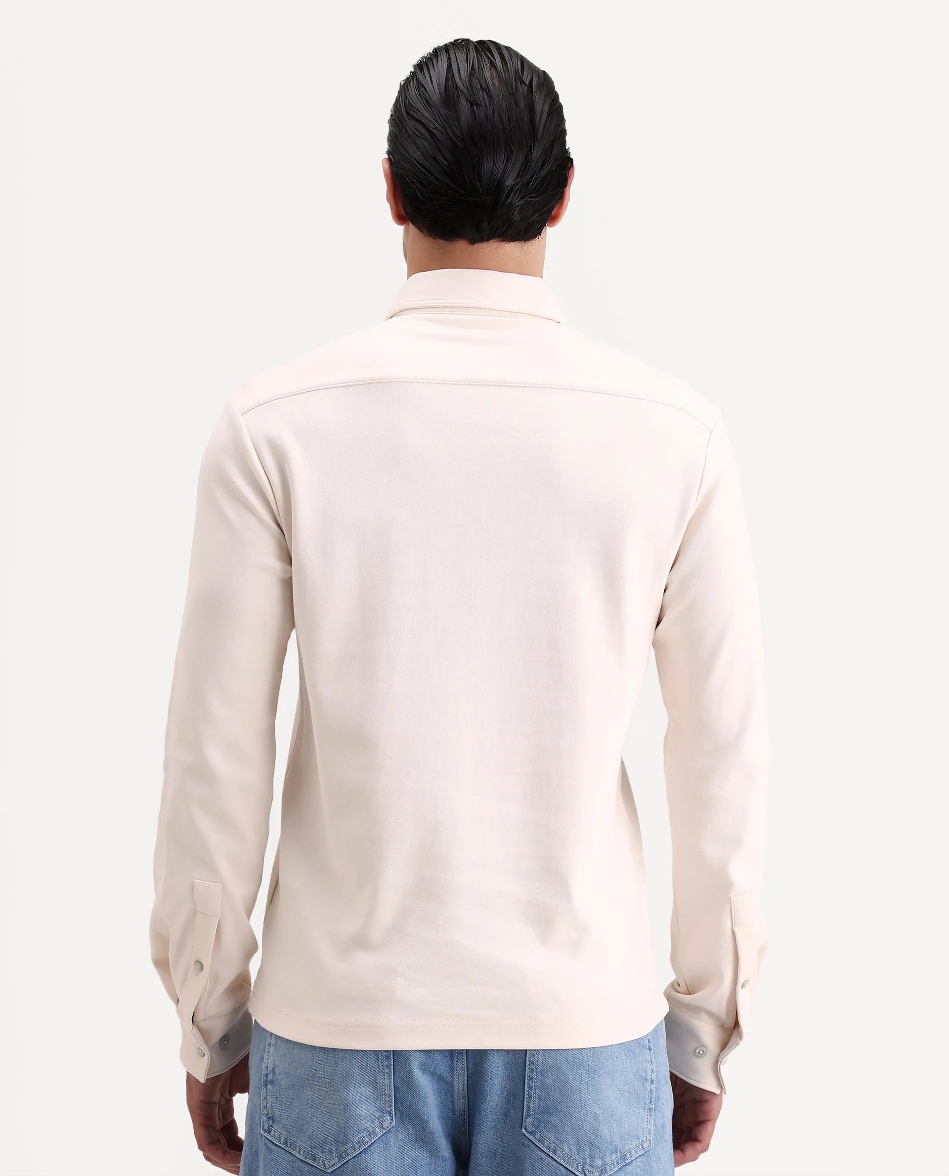 Rare Rabbit Men's Rint Off White Cotton Blend Fabric Full Sleeve Spread Collar Regular Fit Plain Polo