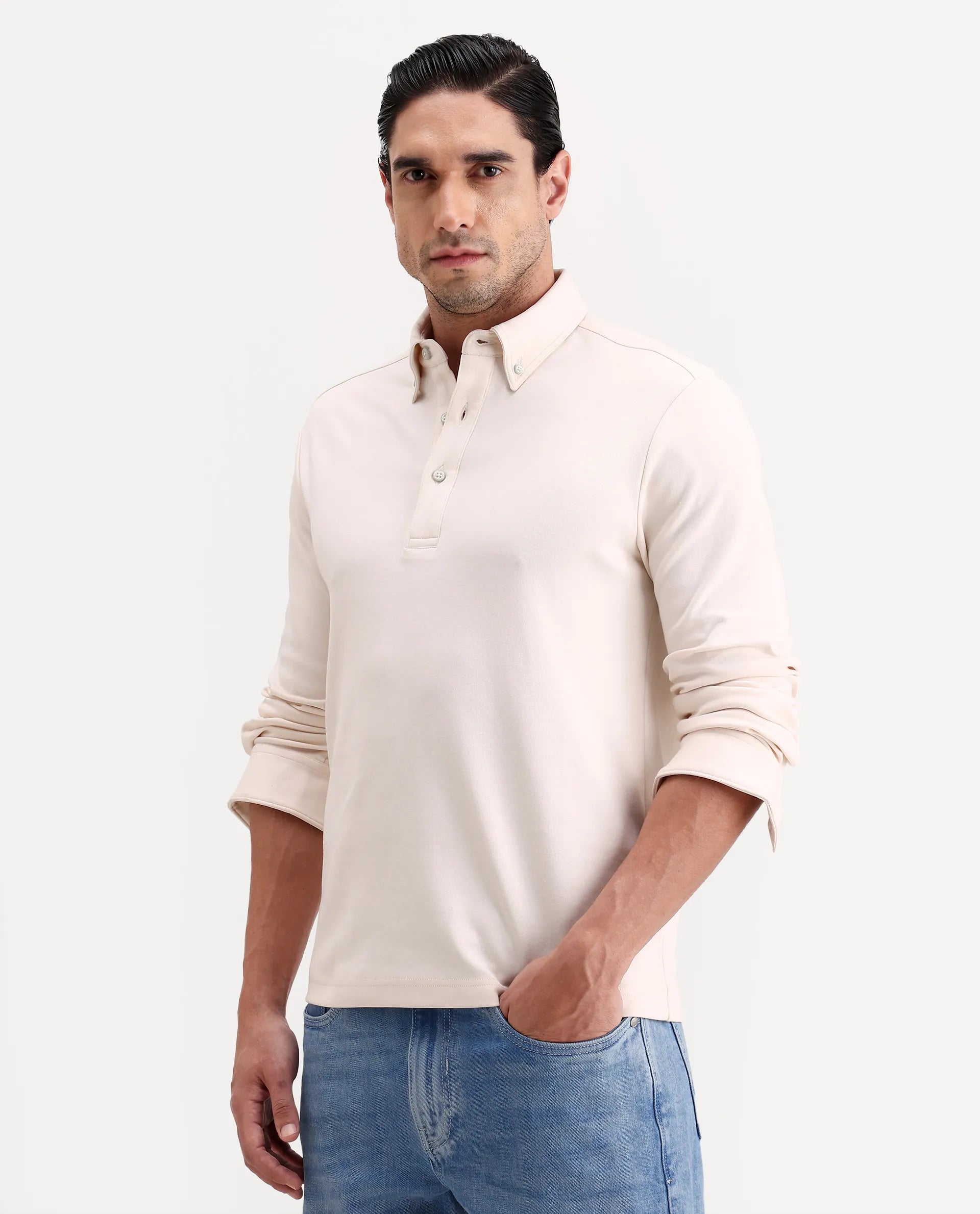Rare Rabbit Men's Rint Off White Cotton Blend Fabric Full Sleeve Spread Collar Regular Fit Plain Polo