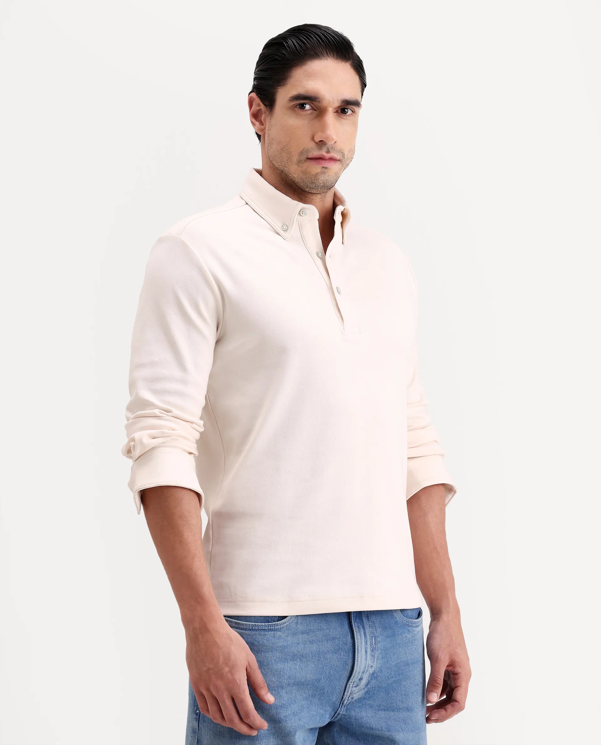 Rare Rabbit Men's Rint Off White Cotton Blend Fabric Full Sleeve Spread Collar Regular Fit Plain Polo