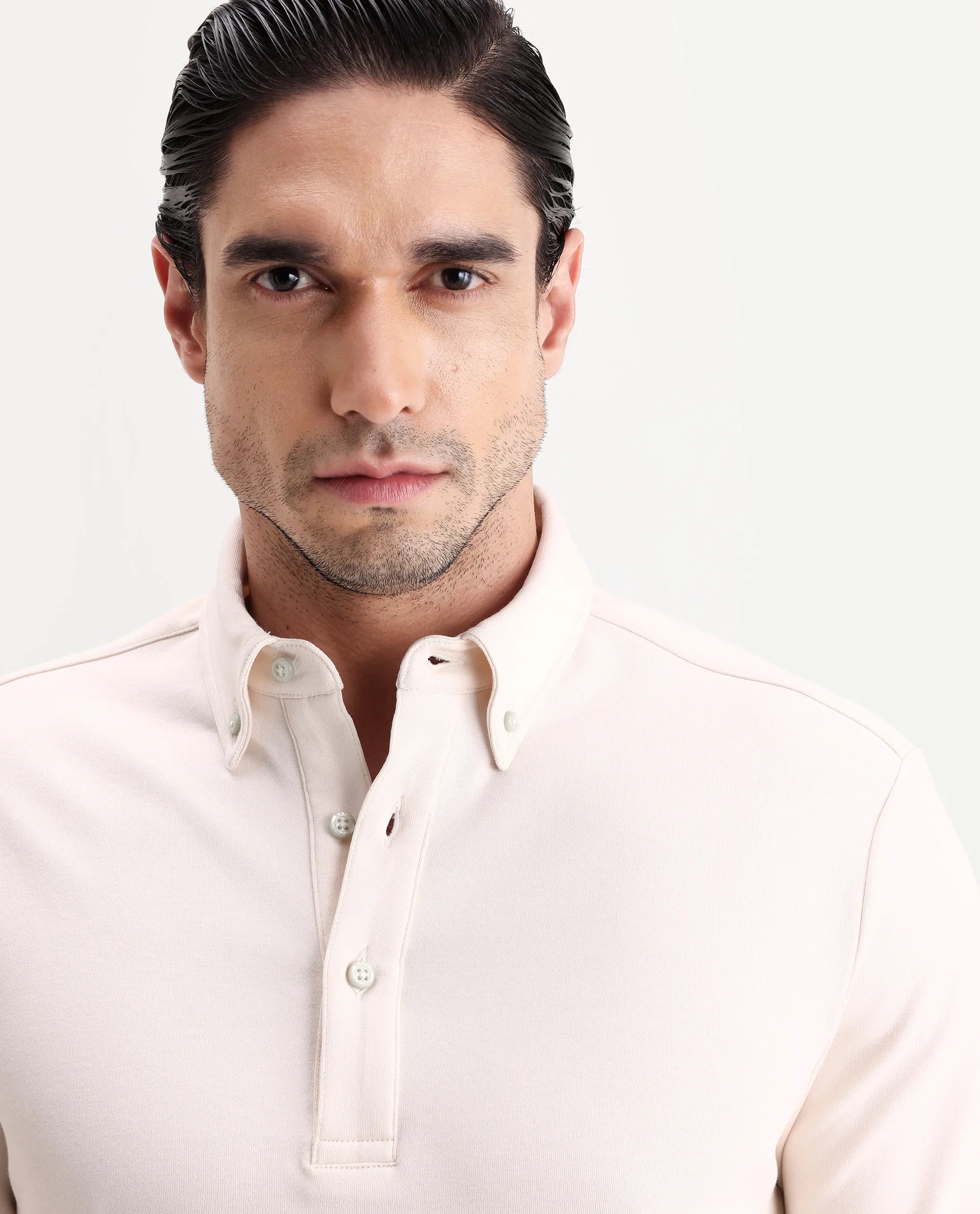 Rare Rabbit Men's Rint Off White Cotton Blend Fabric Full Sleeve Spread Collar Regular Fit Plain Polo