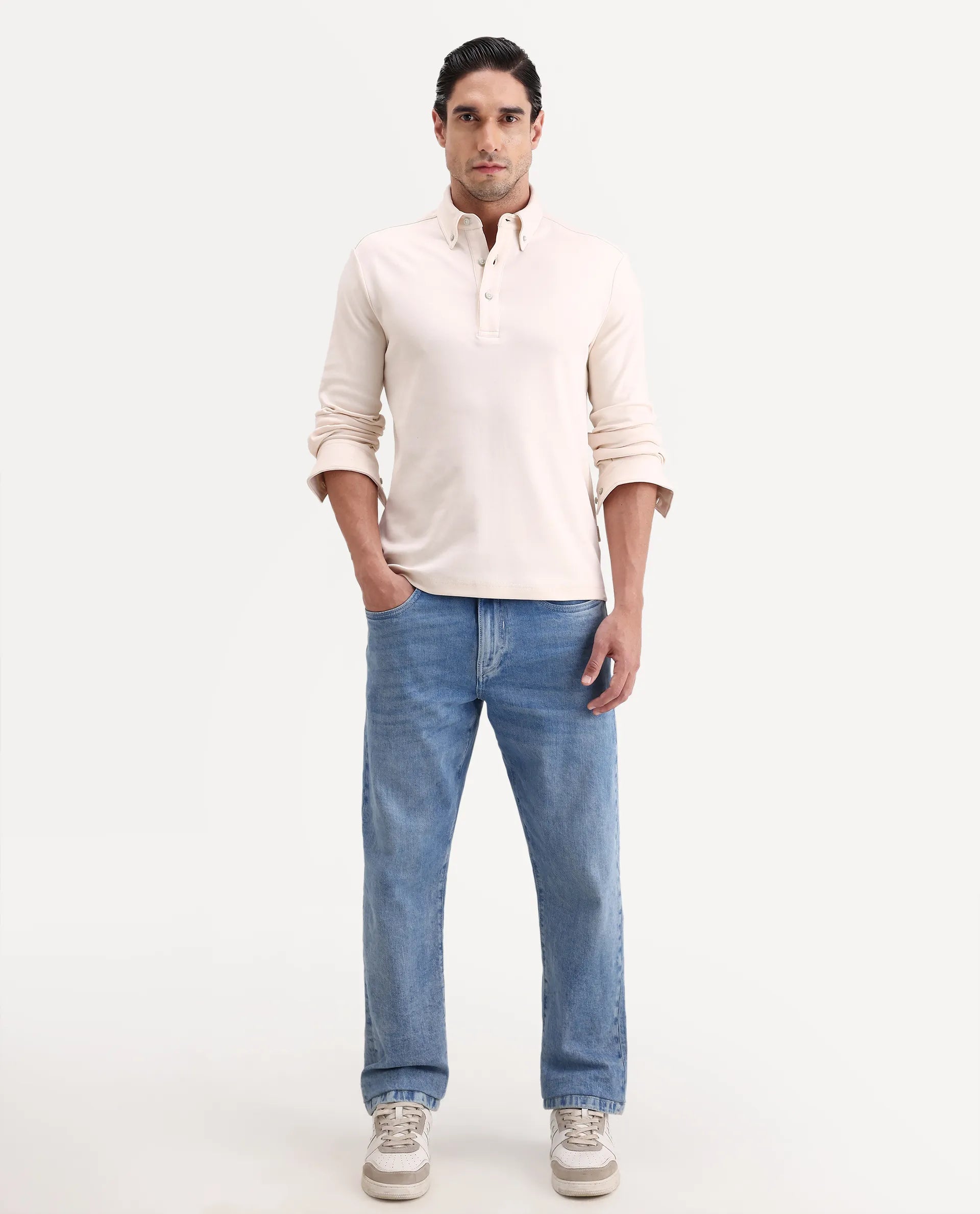 Rare Rabbit Men's Rint Off White Cotton Blend Fabric Full Sleeve Spread Collar Regular Fit Plain Polo