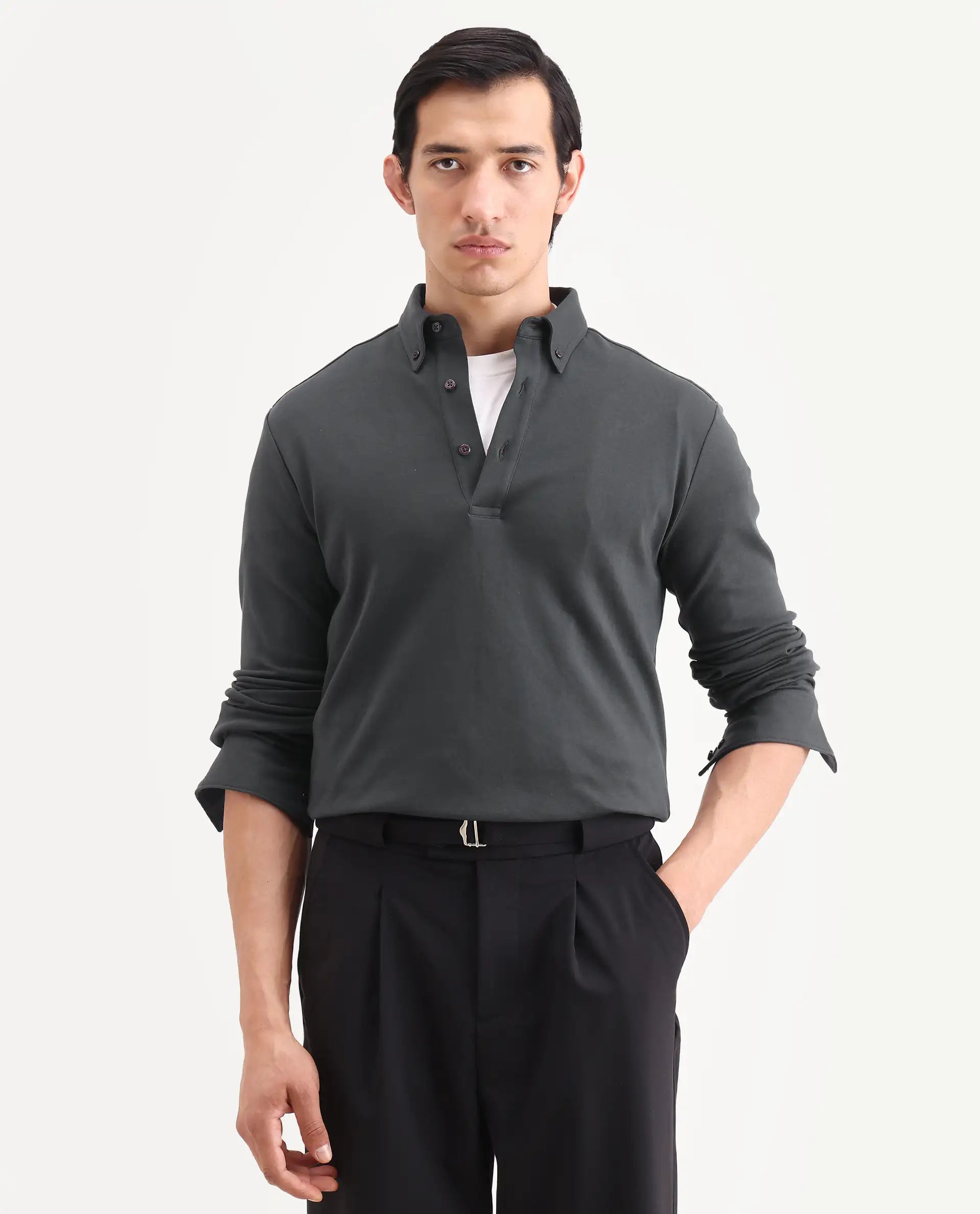 Rare Rabbit Men's Rint Dark Grey Cotton Blend Fabric Full Sleeve Spread Collar Regular Fit Plain Polo