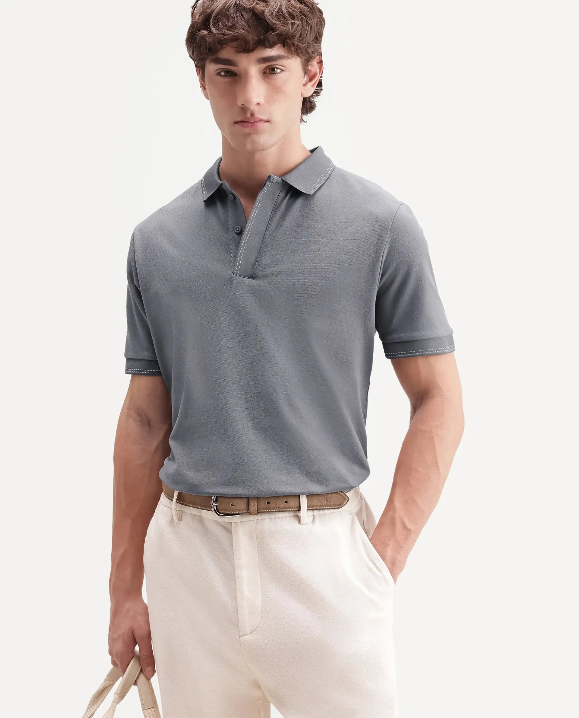Rare Rabbit Men's Rowl-S26 Dark Grey Cotton Blend Fabric Half Sleeve Spread Collar Regular Fit Plain Polo