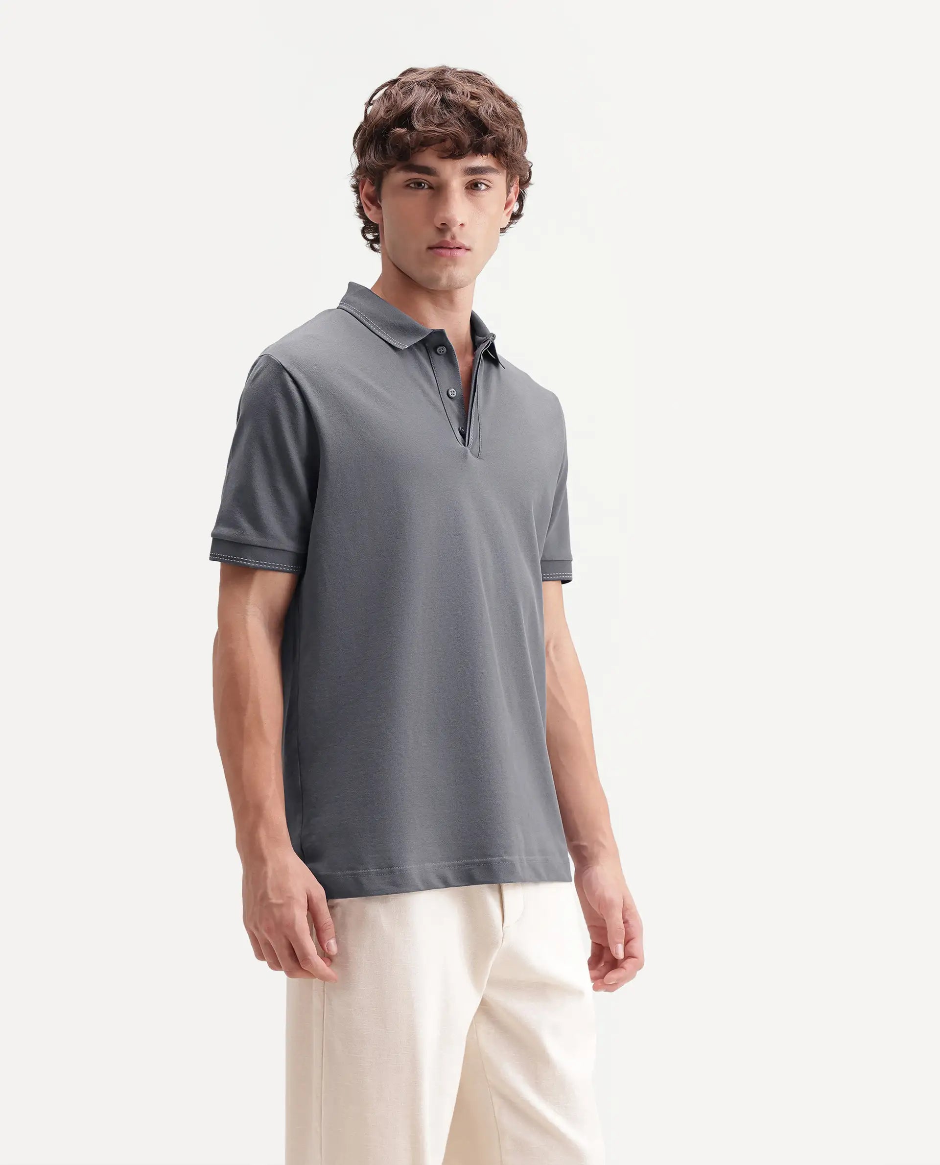 Rare Rabbit Men's Rowl-S26 Dark Grey Cotton Blend Fabric Half Sleeve Spread Collar Regular Fit Plain Polo