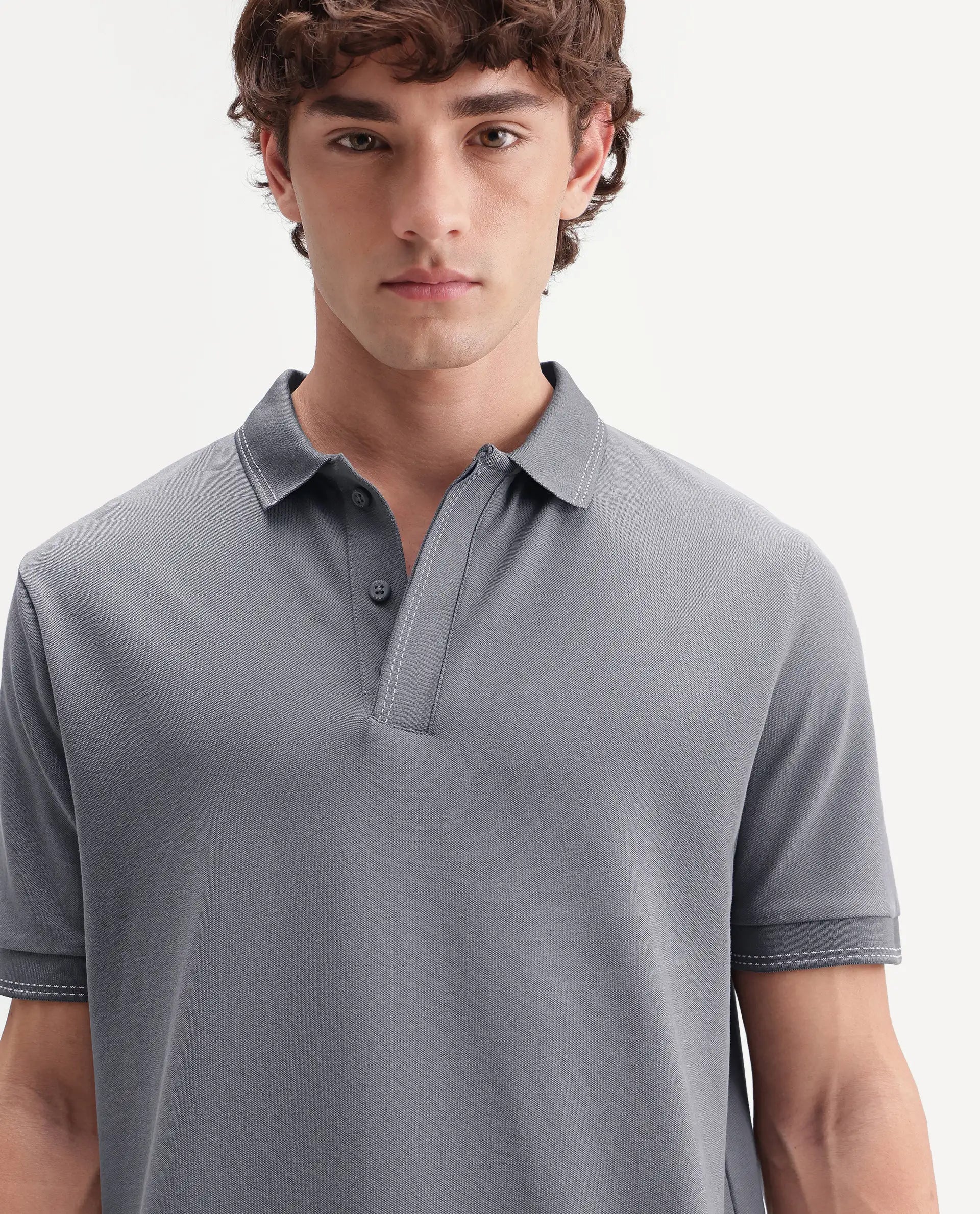 Rare Rabbit Men's Rowl-S26 Dark Grey Cotton Blend Fabric Half Sleeve Spread Collar Regular Fit Plain Polo