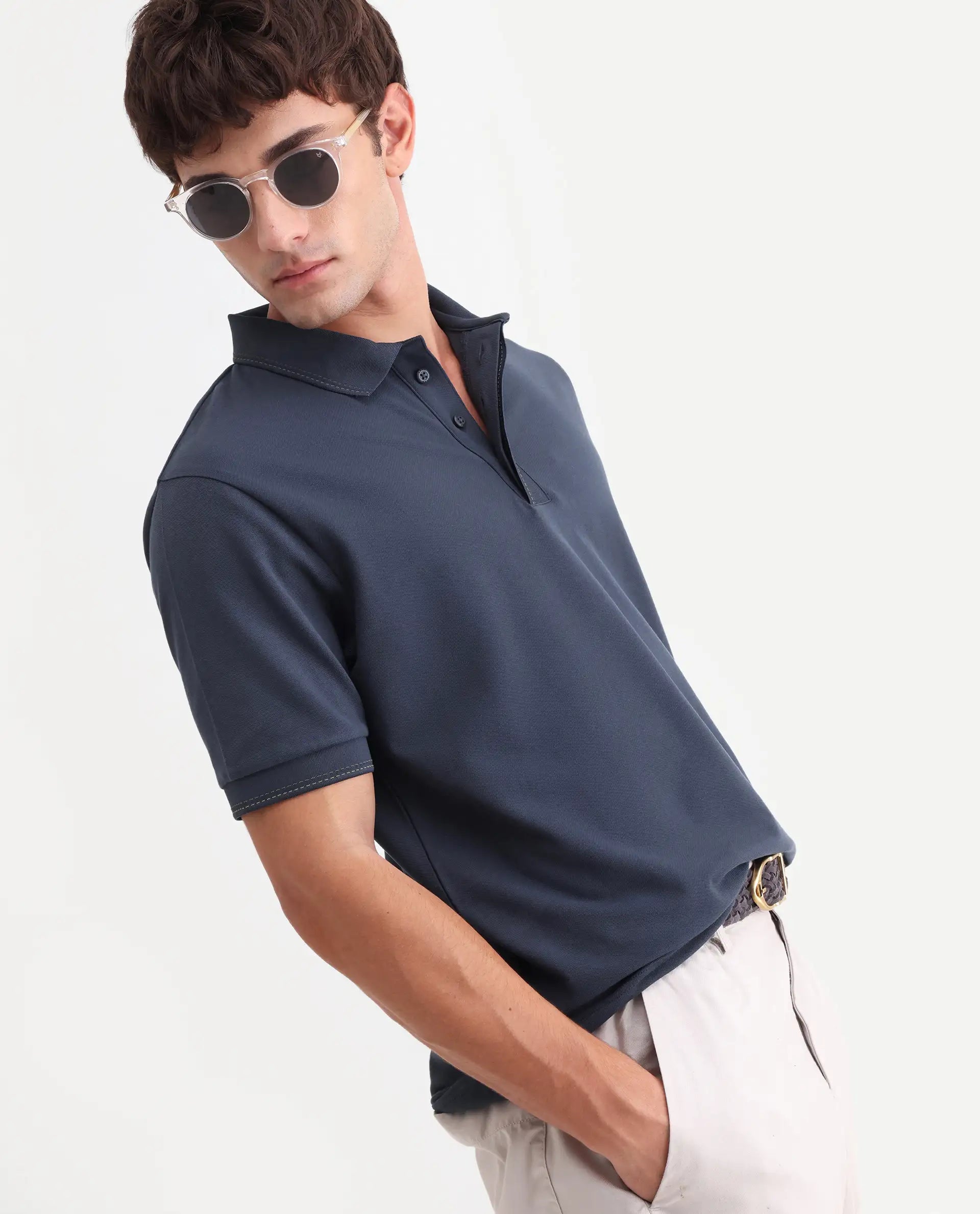 Rare Rabbit Men's Rowl-S26 Navy Cotton Blend Fabric Half Sleeve Spread Collar Regular Fit Plain Polo
