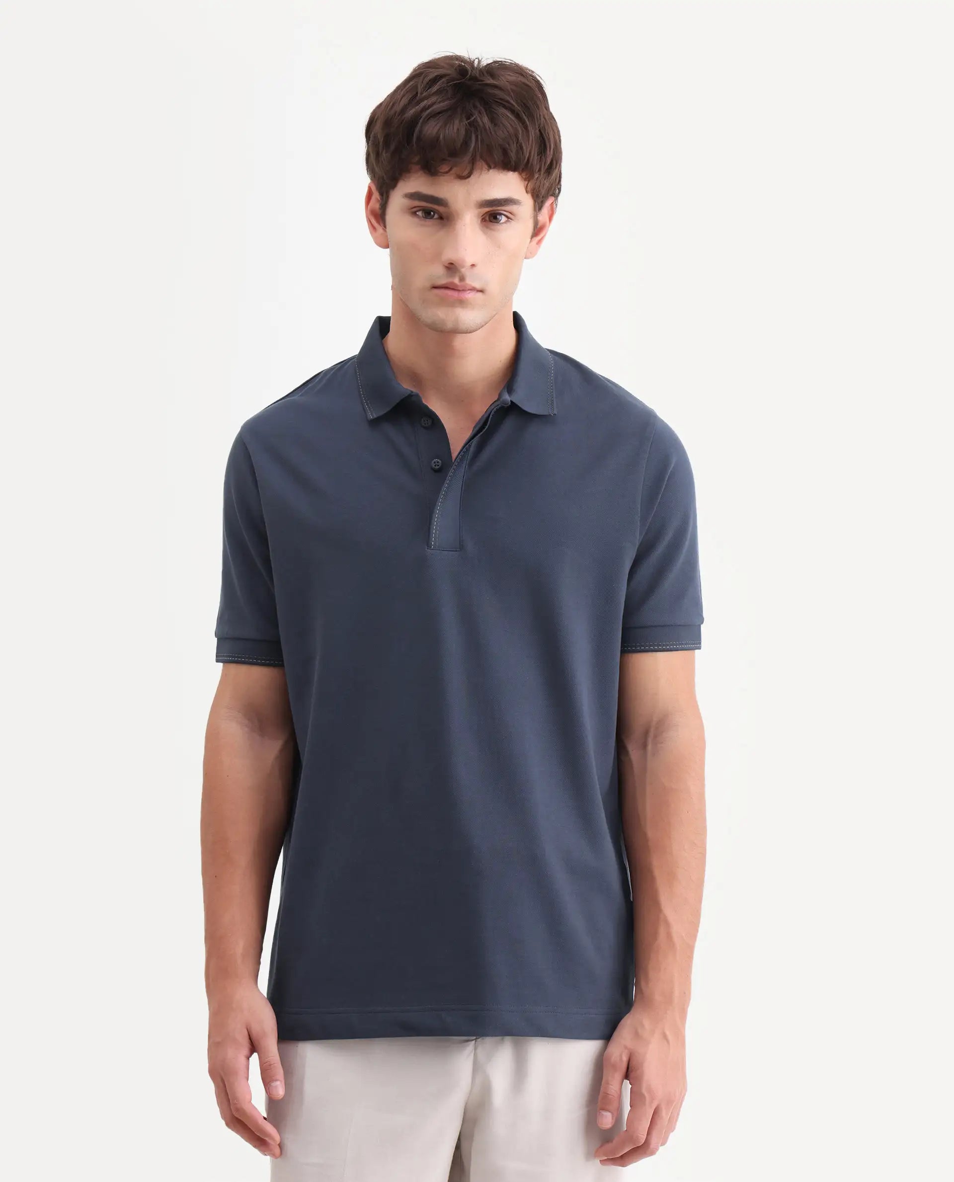 Rare Rabbit Men's Rowl-S26 Navy Cotton Blend Fabric Half Sleeve Spread Collar Regular Fit Plain Polo