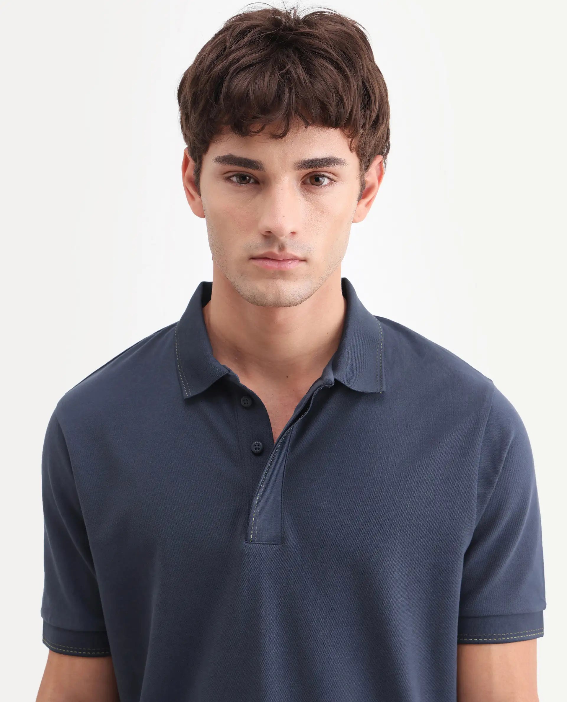 Rare Rabbit Men's Rowl-S26 Navy Cotton Blend Fabric Half Sleeve Spread Collar Regular Fit Plain Polo