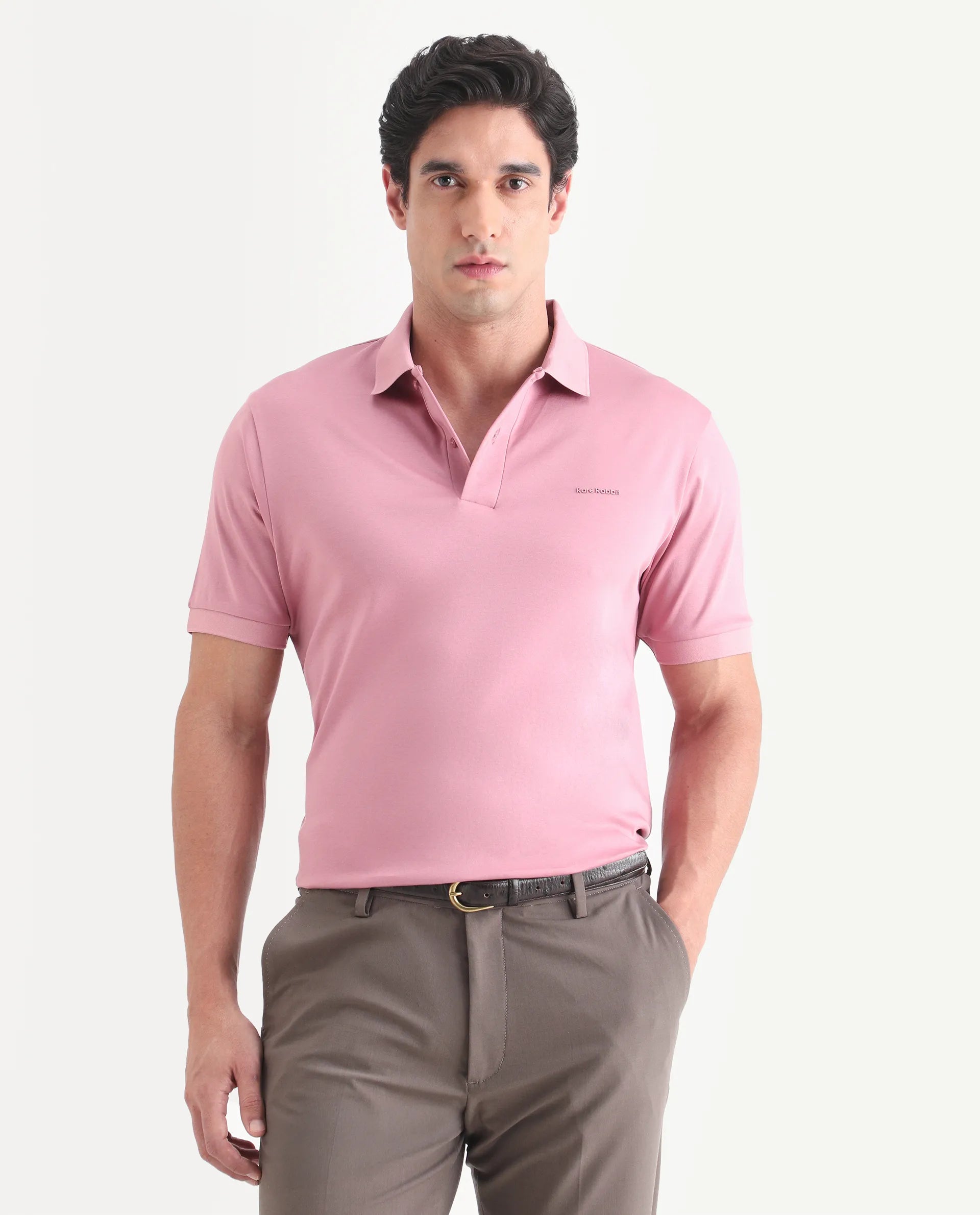 Rare Rabbit Men's Row-S26 Dusky Pink Cotton Fabric Half Sleeve Spread Collar Regular Fit Plain Polo