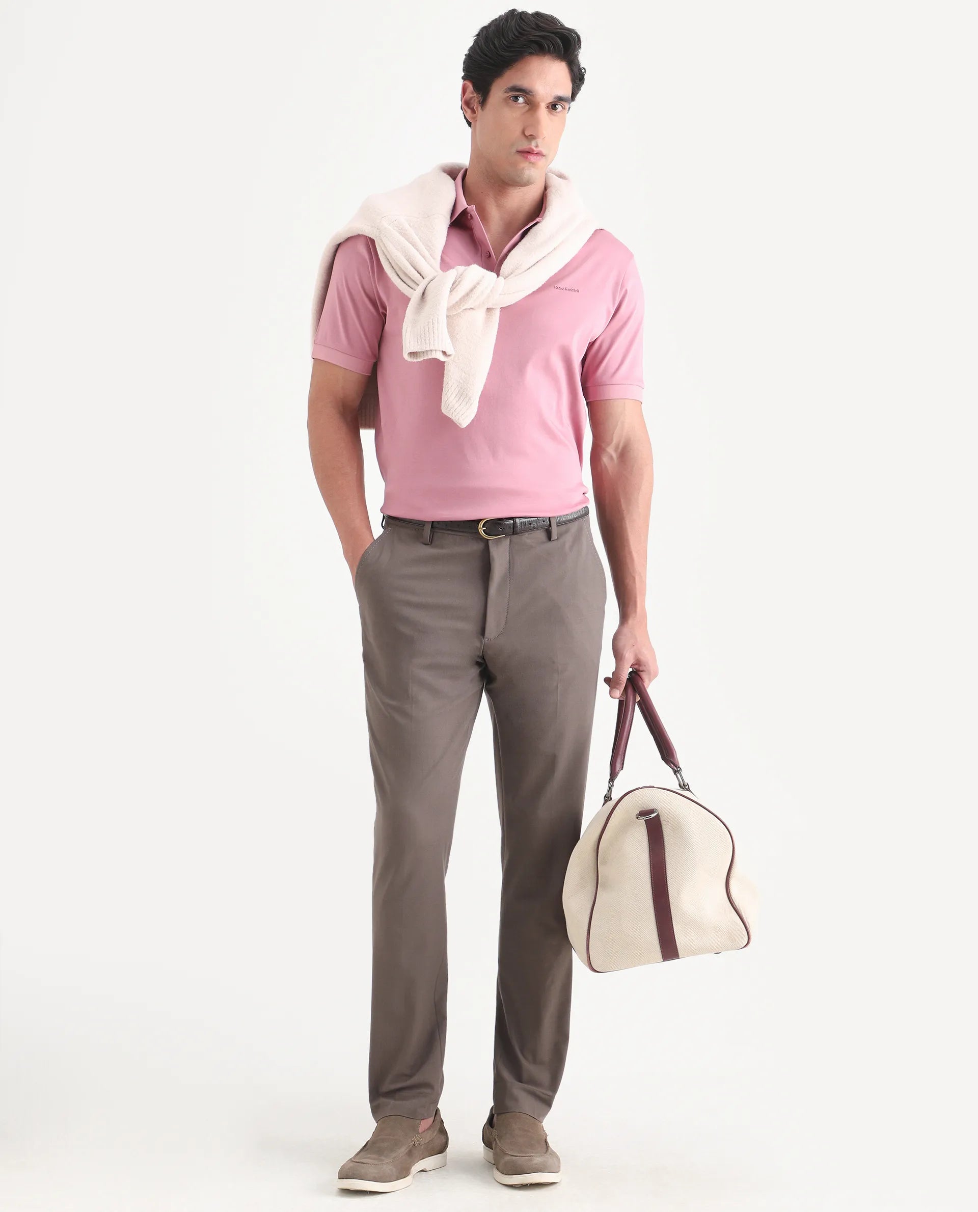 Rare Rabbit Men's Row-S26 Dusky Pink Cotton Fabric Half Sleeve Spread Collar Regular Fit Plain Polo