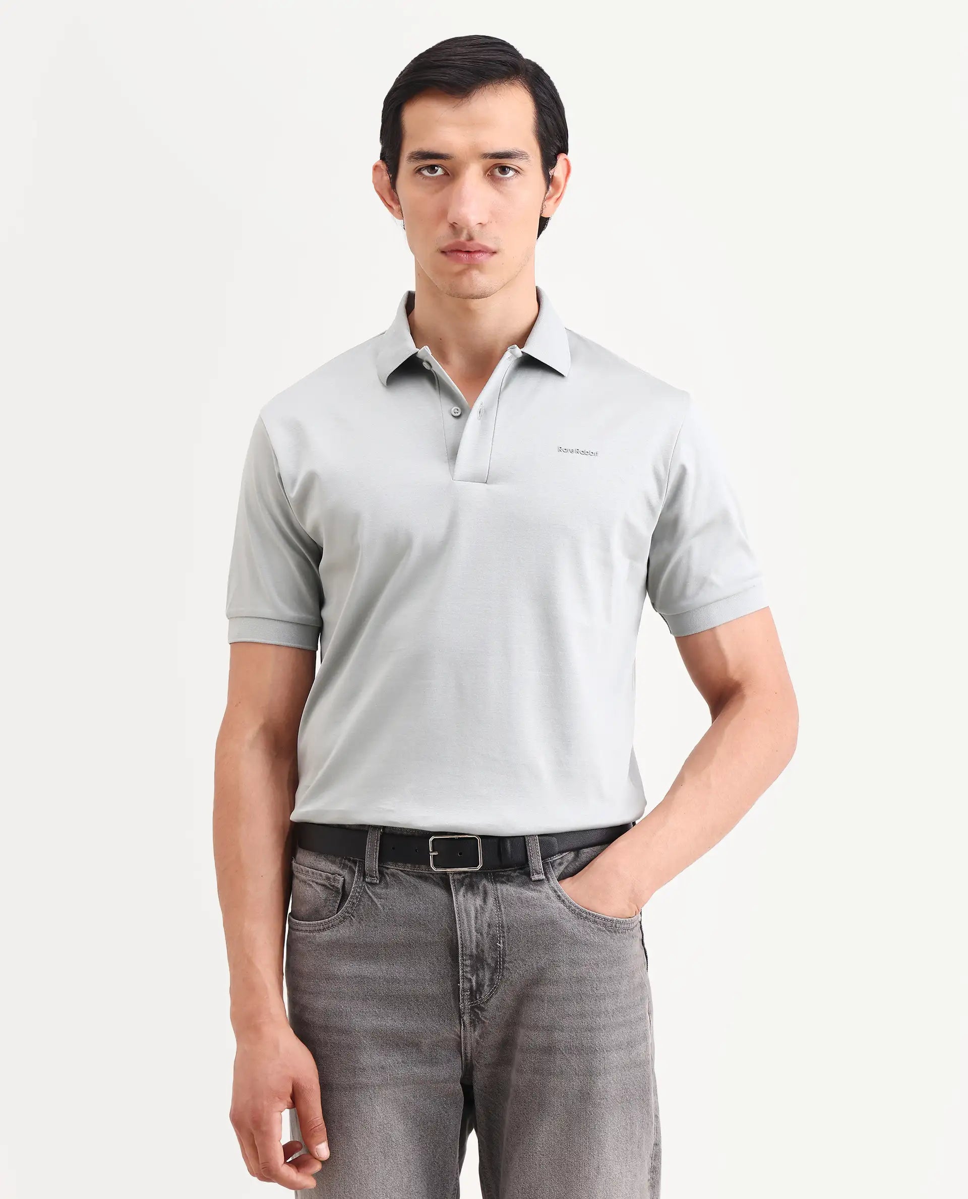 Rare Rabbit Men's Row-S26 Dusky Green Cotton Fabric Half Sleeve Spread Collar Regular Fit Plain Polo