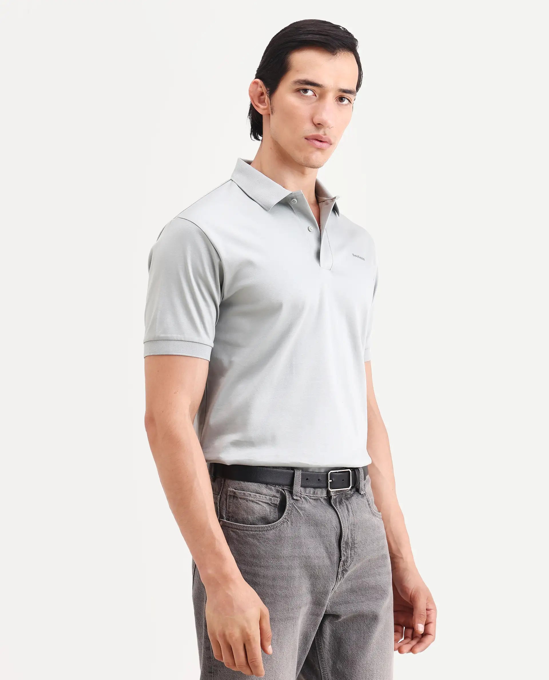 Rare Rabbit Men's Row-S26 Dusky Green Cotton Fabric Half Sleeve Spread Collar Regular Fit Plain Polo