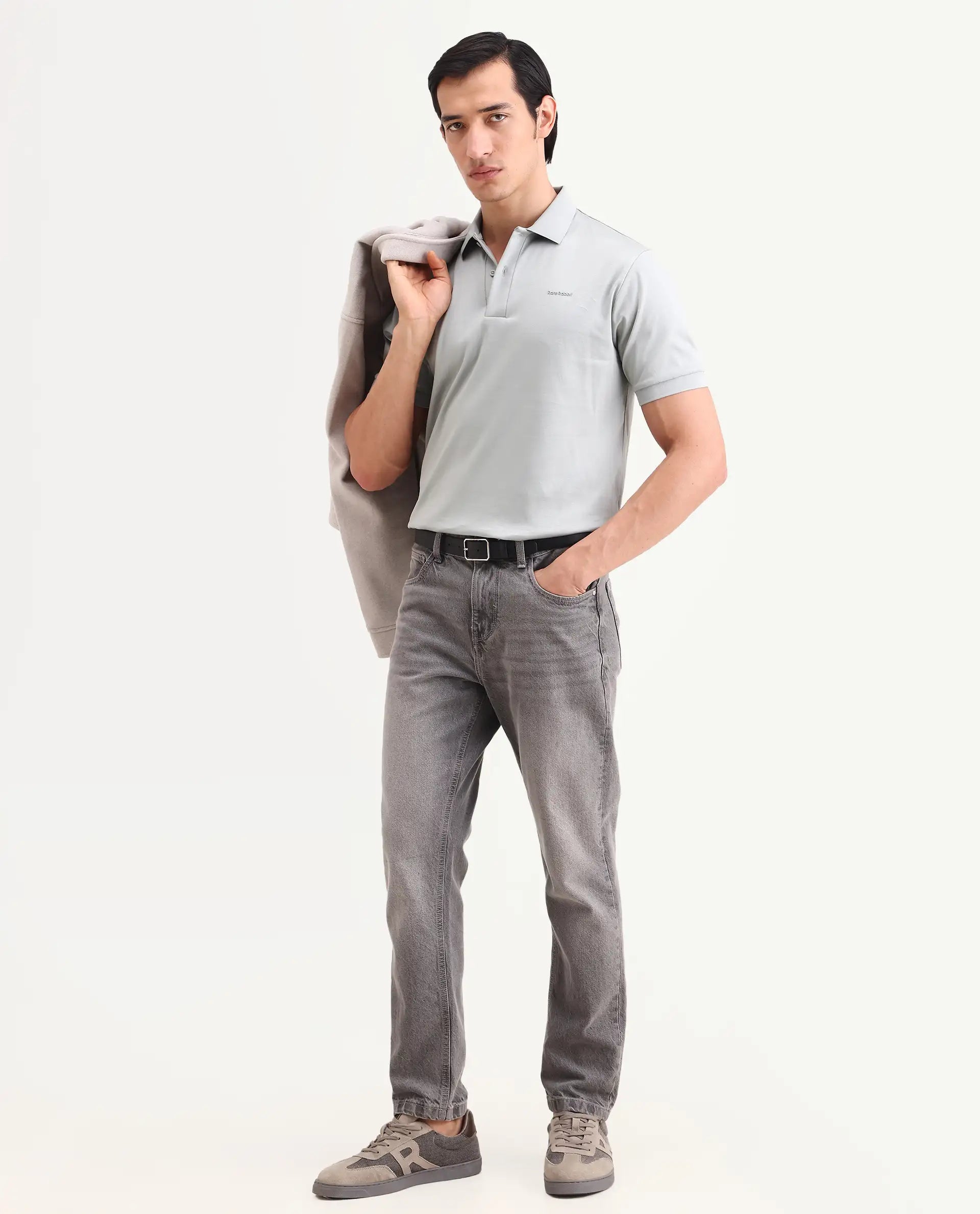 Rare Rabbit Men's Row-S26 Dusky Green Cotton Fabric Half Sleeve Spread Collar Regular Fit Plain Polo