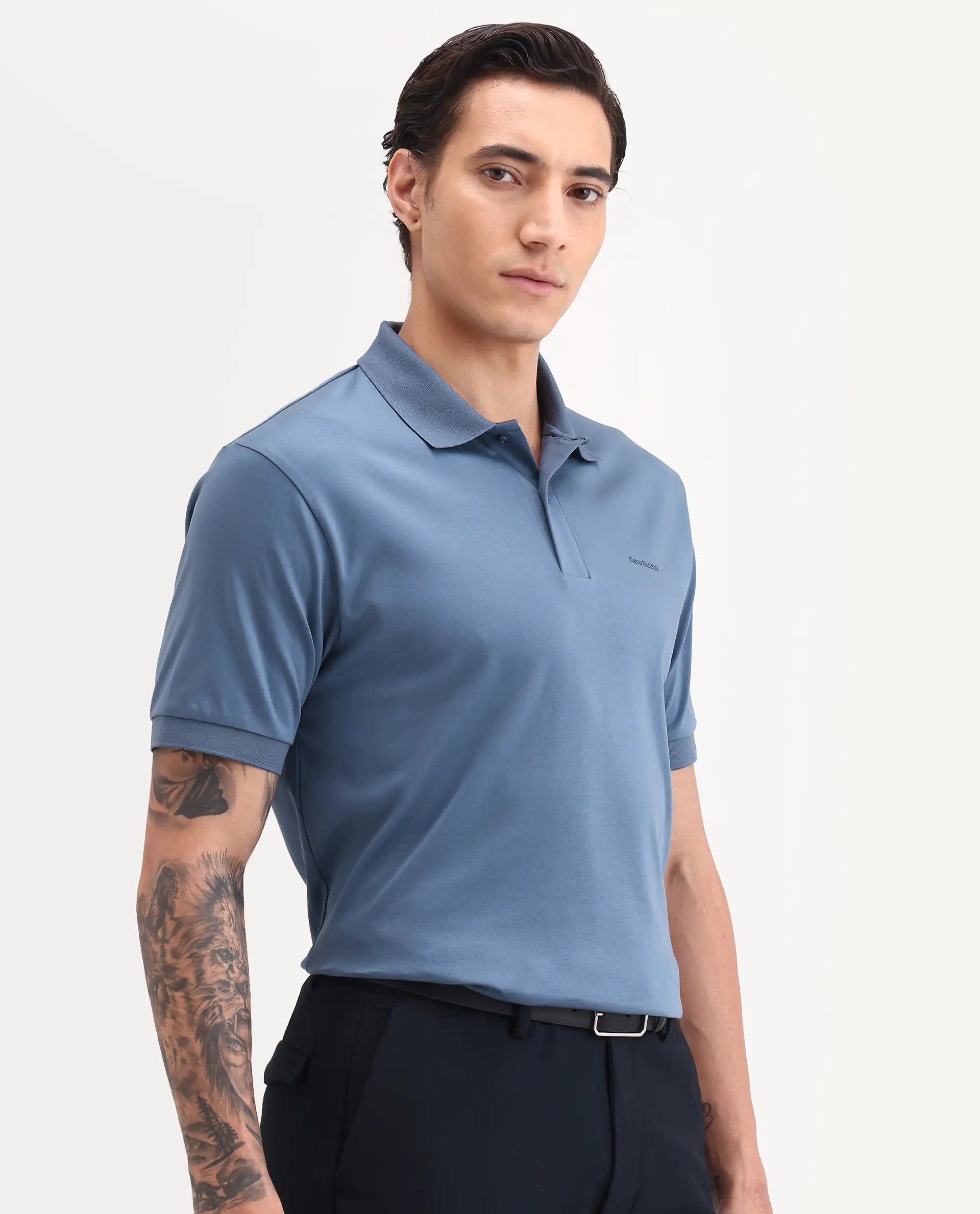 Rare Rabbit Men's Row-S26 Dusky Blue Cotton Fabric Half Sleeve Spread Collar Regular Fit Plain Polo