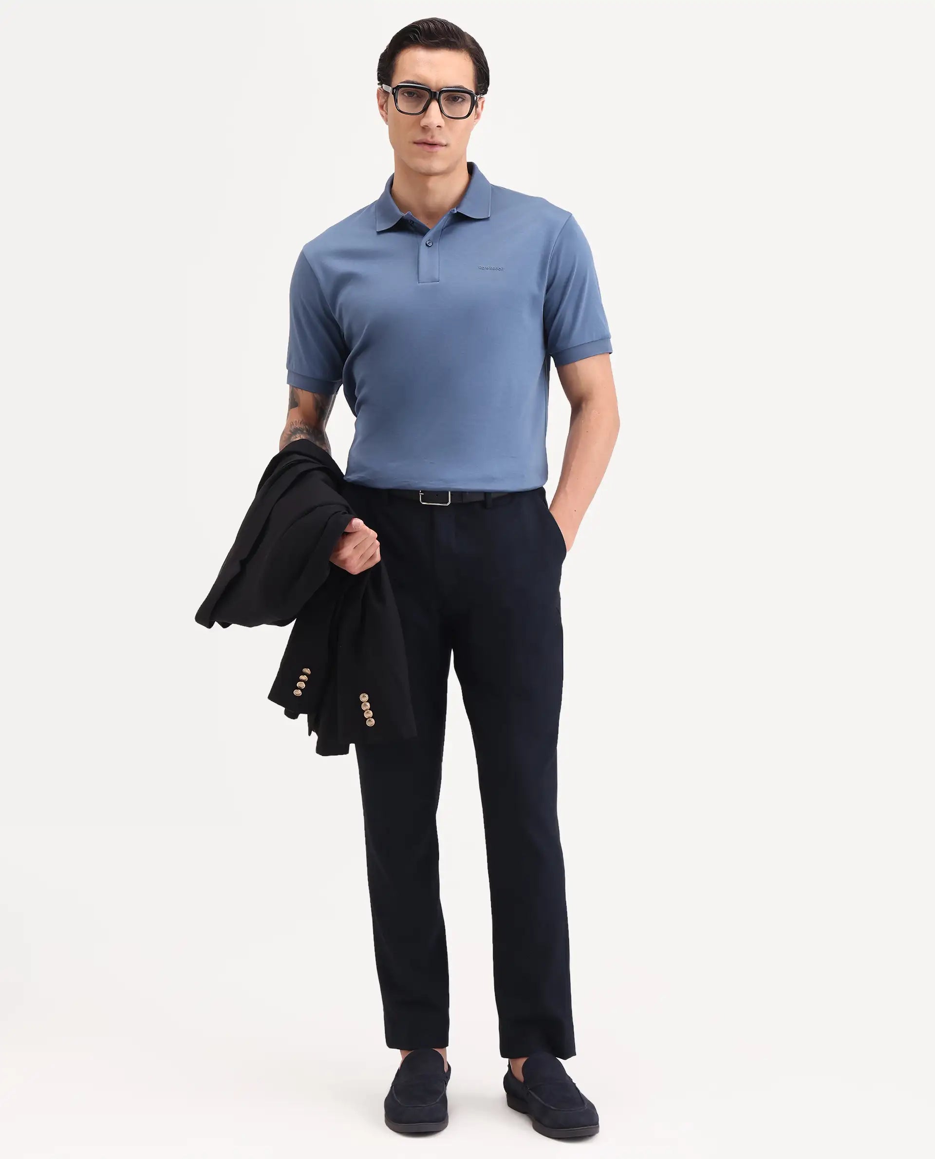 Rare Rabbit Men's Row-S26 Dusky Blue Cotton Fabric Half Sleeve Spread Collar Regular Fit Plain Polo