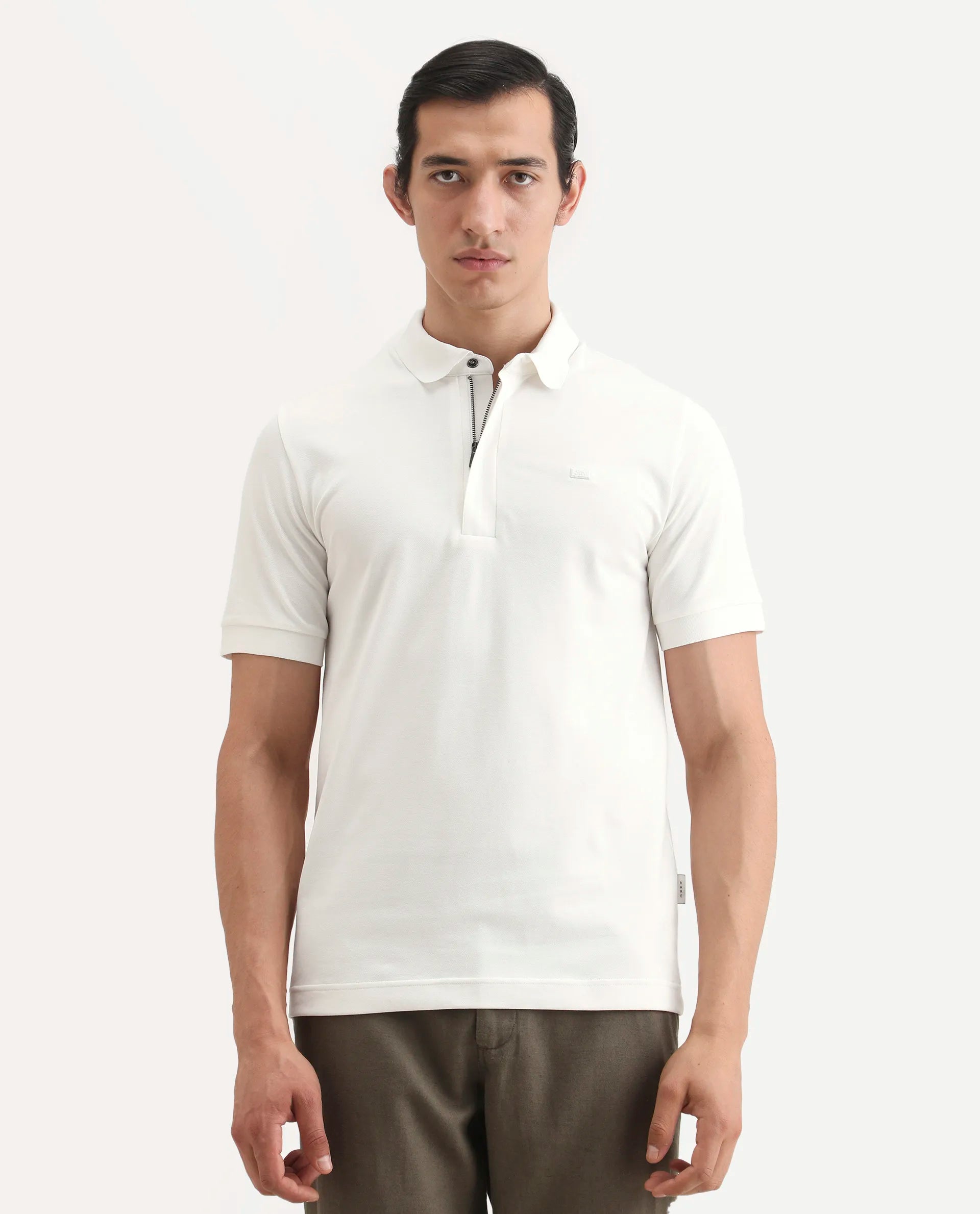 Rare Rabbit Men's Salis-S26 White Cotton Blend Fabric Half Sleeve Spread Collar Regular Fit Plain Polo