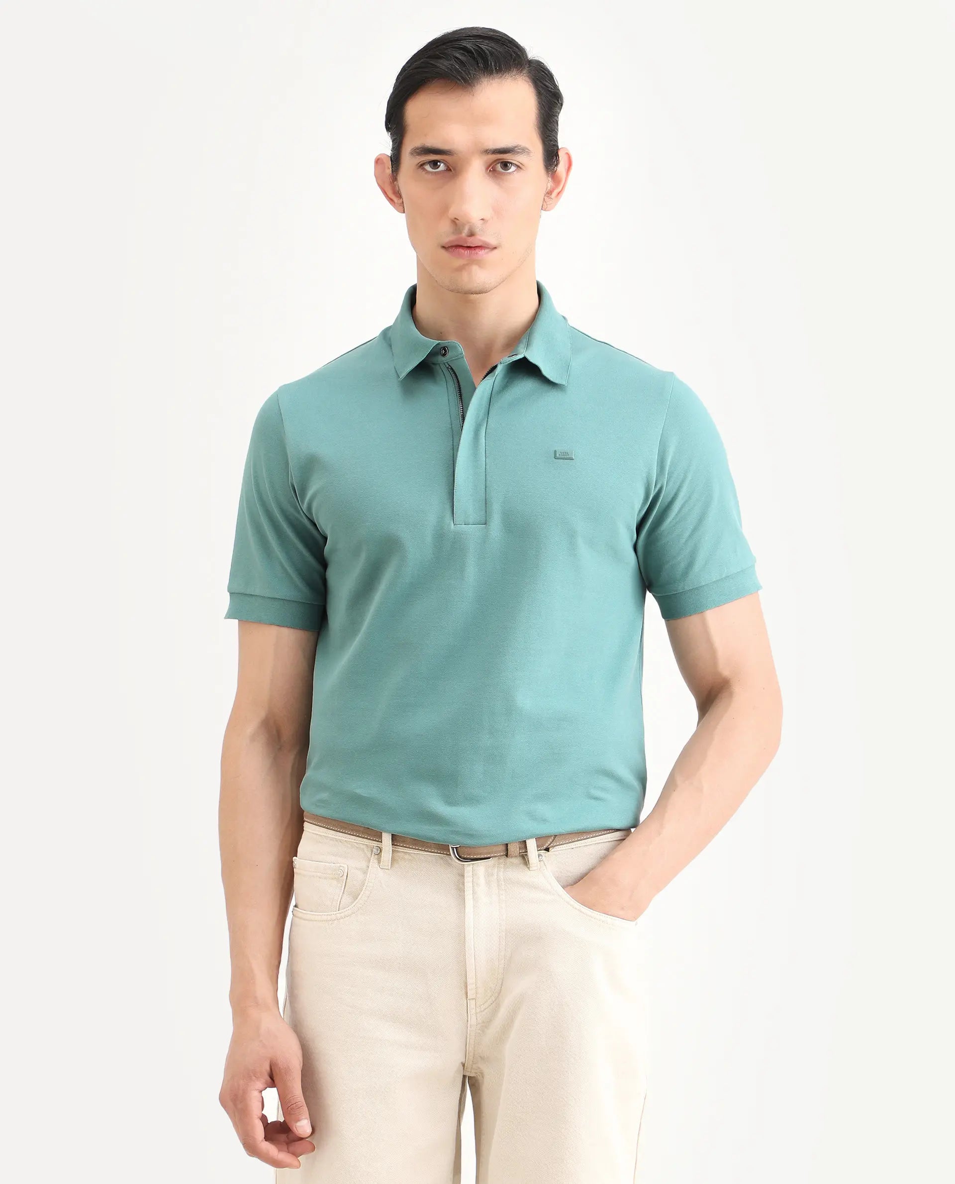 Rare Rabbit Men's Salis-S26 Dusky Green Cotton Blend Fabric Half Sleeve Spread Collar Regular Fit Plain Polo