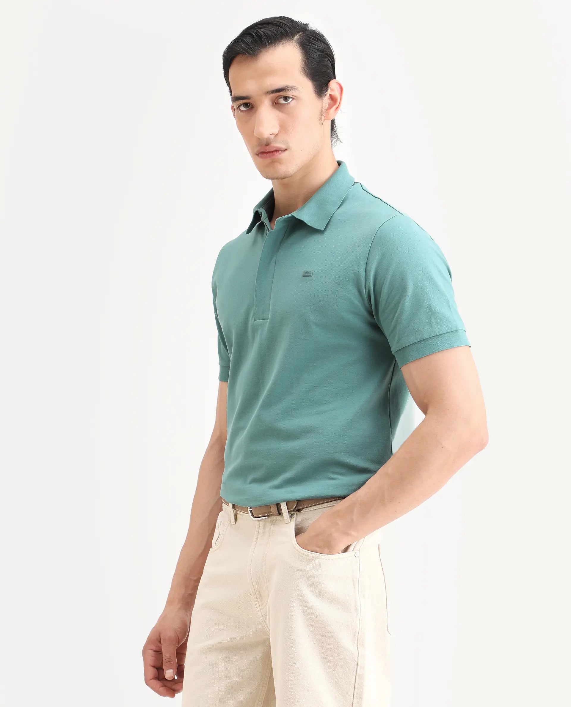 Rare Rabbit Men's Salis-S26 Dusky Green Cotton Blend Fabric Half Sleeve Spread Collar Regular Fit Plain Polo