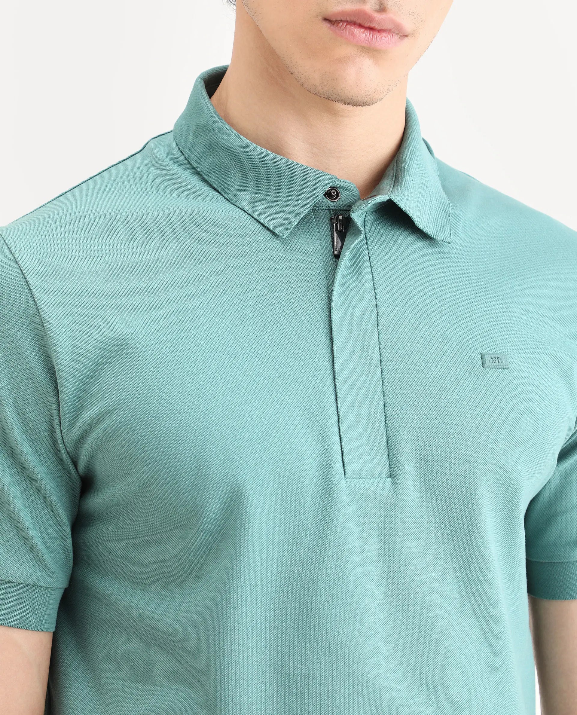 Rare Rabbit Men's Salis-S26 Dusky Green Cotton Blend Fabric Half Sleeve Spread Collar Regular Fit Plain Polo
